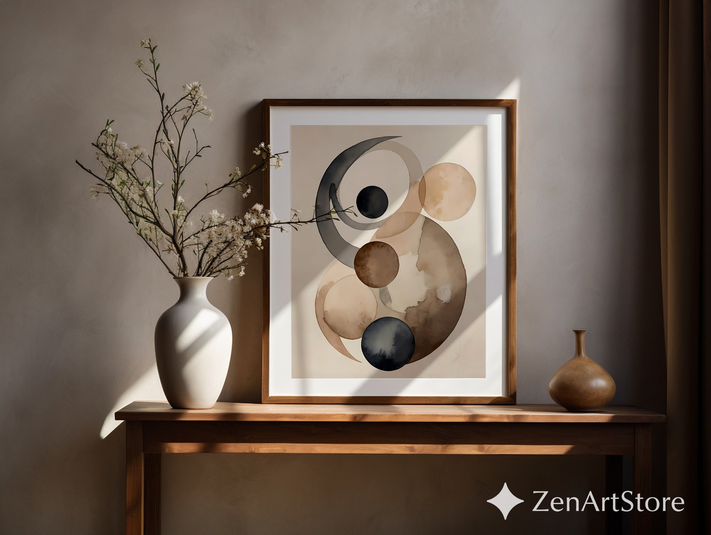 Neutral Abstract Wall Art - Minimalist Circle Watercolor Print in Brown Beige Black, Japandi Scandinavian Home Decor
