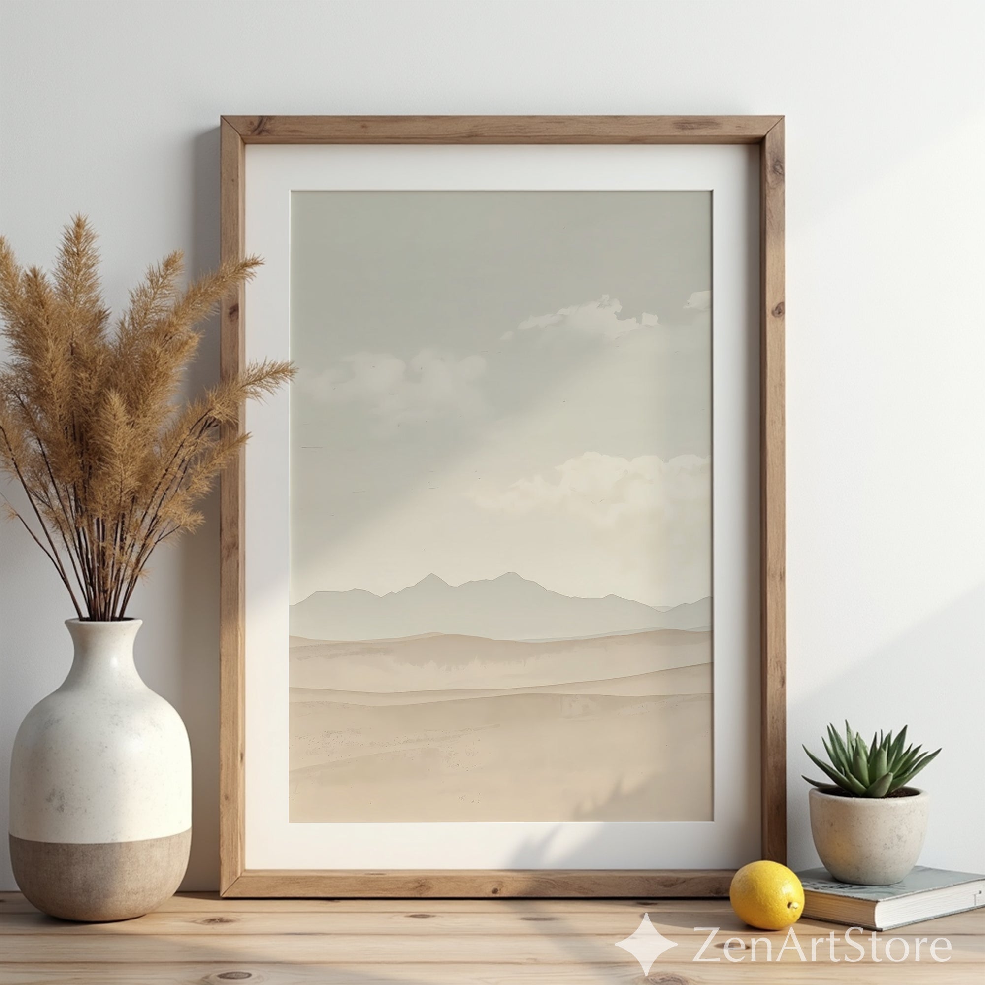 Neutral Desert Landscape Wall Art - Minimal Beige Mountain Print, Japandi Scandi Boho Home Decor