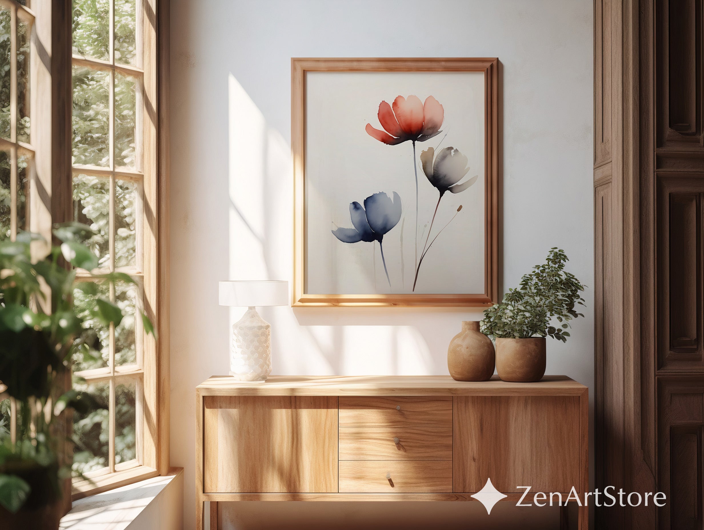 Minimal Watercolor Flower Print - Zen Botanical Wall Art, Neutral Floral Abstract for Japandi, Scandinavian & Modern Home Decor