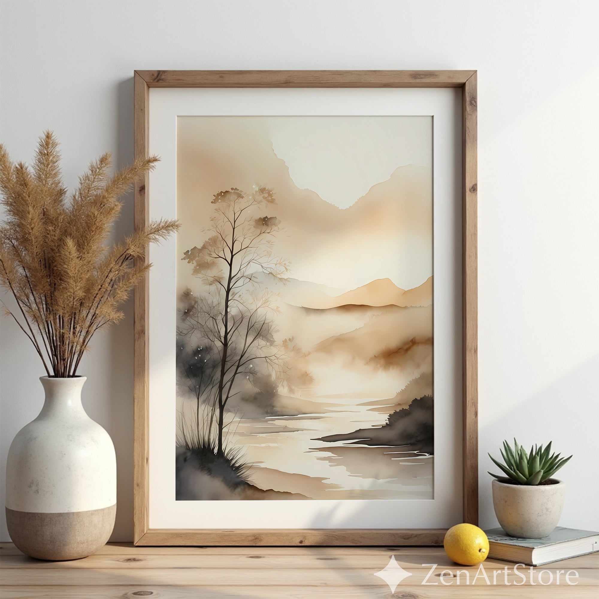 Neutral Watercolor Landscape Print - Minimal Japandi Mountain River Wall Art Calm Beige Wabi Sabi Home Decor