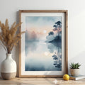 Misty Lake Sunrise Minimal Landscape Print - Calm Japandi Wall Art, Neutral Scandinavian Reflection