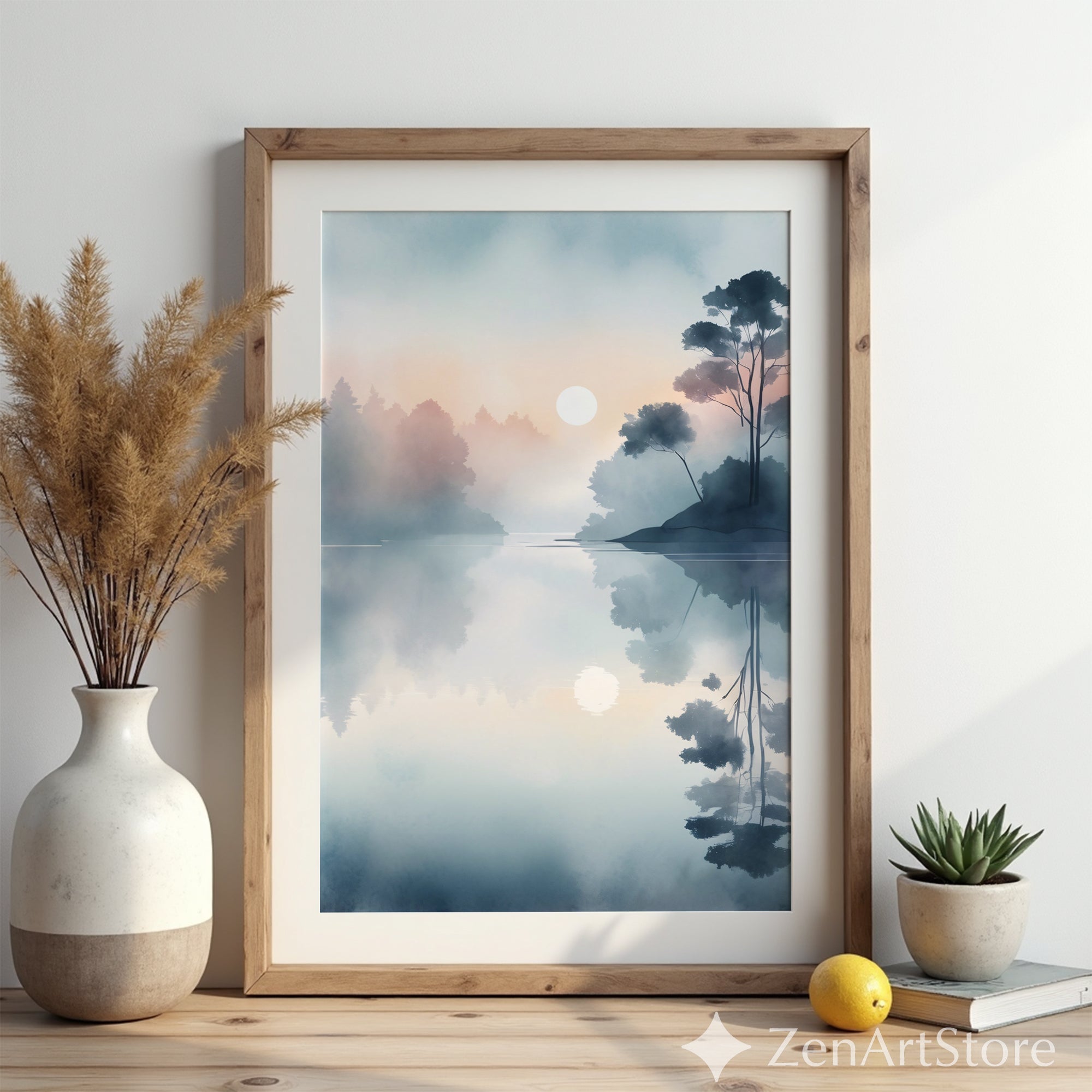 Misty Lake Sunrise Minimal Landscape Print - Calm Japandi Wall Art, Neutral Scandinavian Reflection
