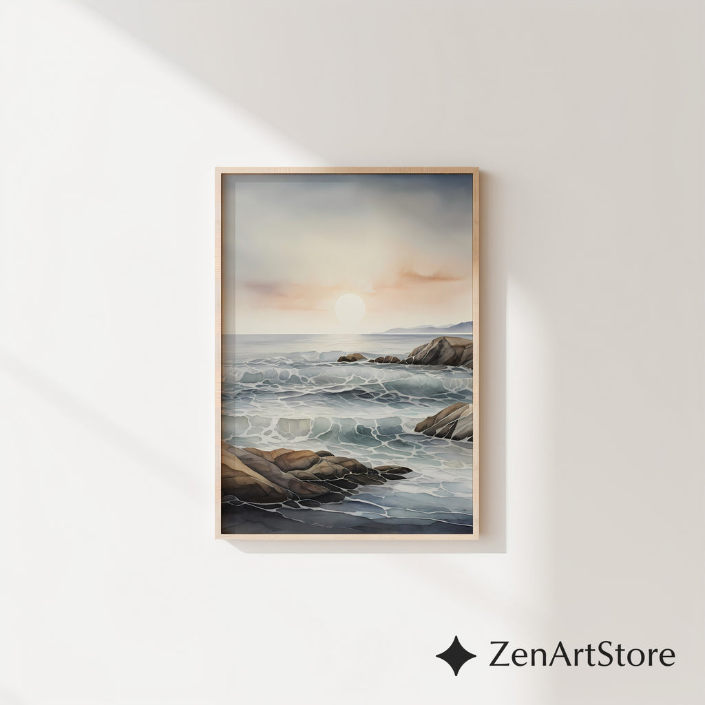 Minimal Coastal Seascape Print - Serene Ocean Waves & Rocky Shore | Neutral Beige Blue Japandi Wall Art for Calm Home Decor