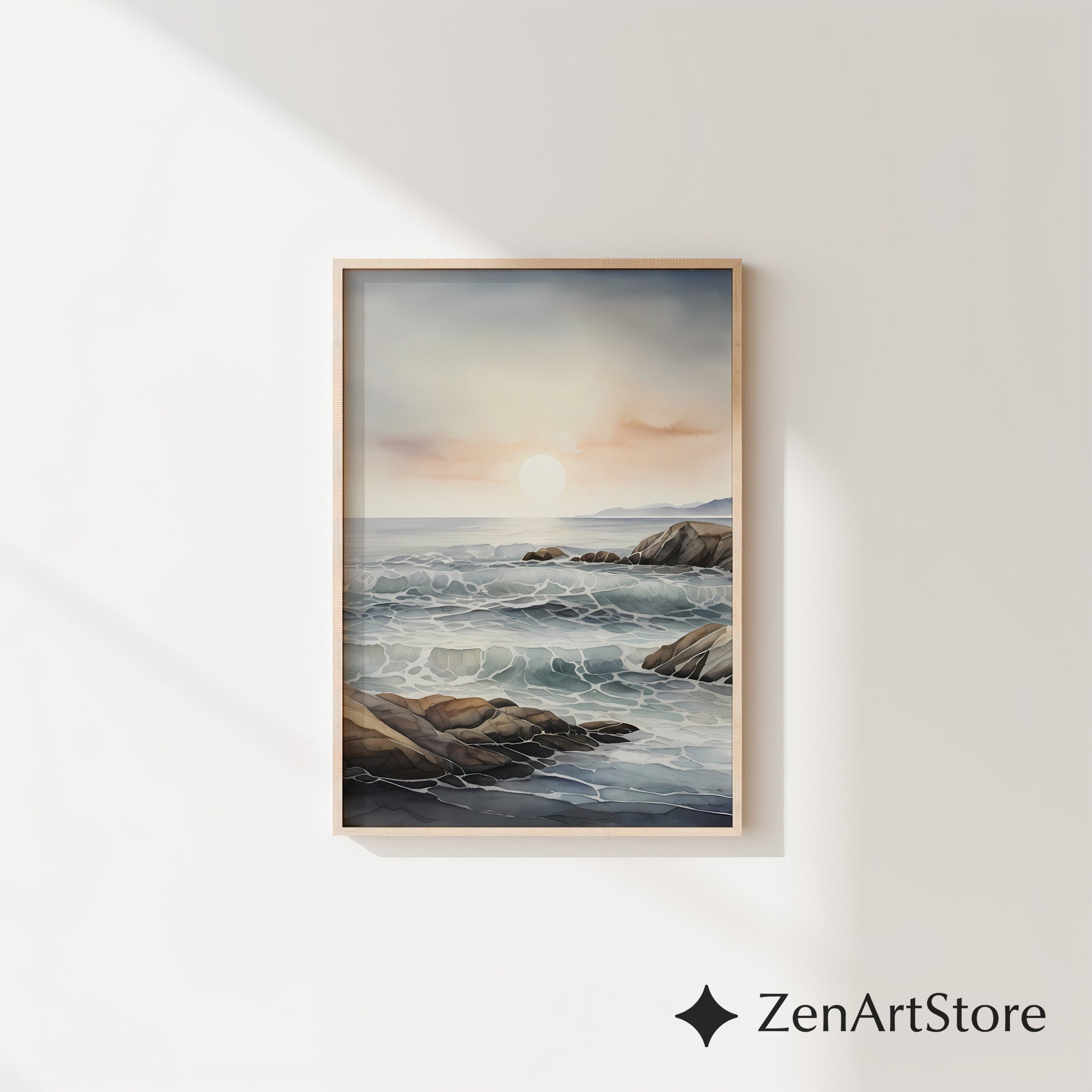 Minimal Coastal Seascape Print - Serene Ocean Waves & Rocky Shore | Neutral Beige Blue Japandi Wall Art for Calm Home Decor