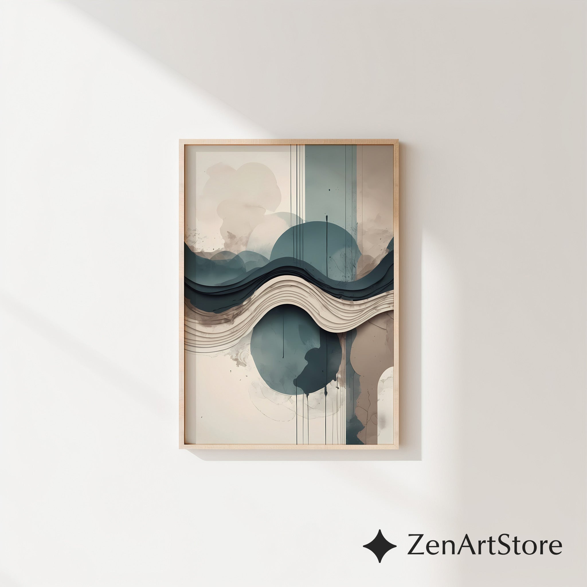 Layered Abstract Landscape Wall Art - Japandi Teal Beige Minimalist Print for Living Room & Bedroom