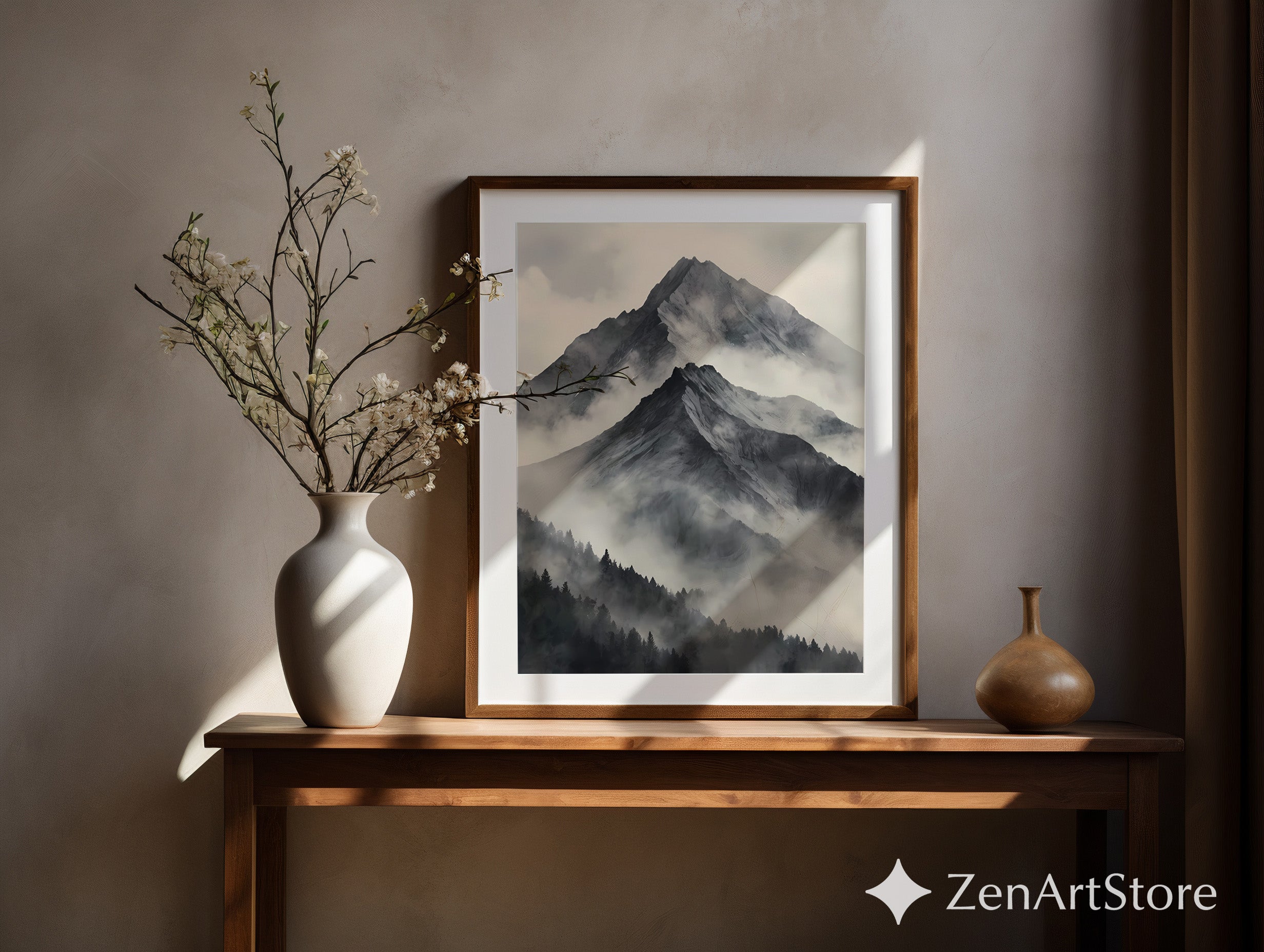 Misty Mountain Wall Art - Minimal Black & White Landscape Print, Japandi Scandinavian Neutral Mountain Decor for Living Room & Bedroom