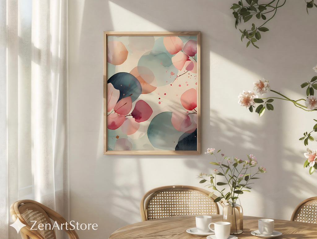 Zen Minimal Japanese Abstract Printable Wall Art - Soft Pink & Teal Watercolor Eucalyptus