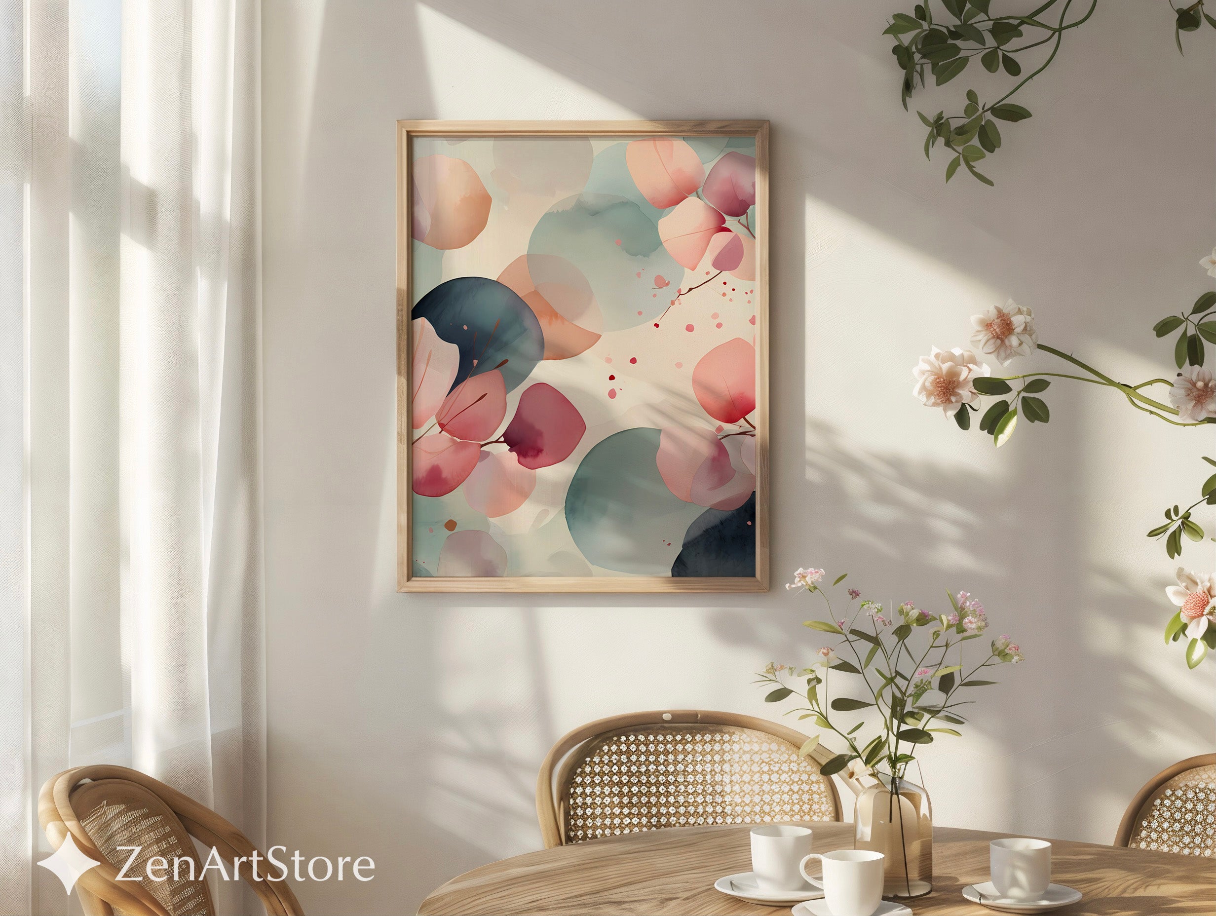 Zen Minimal Japanese Abstract Printable Wall Art - Soft Pink & Teal Watercolor Eucalyptus