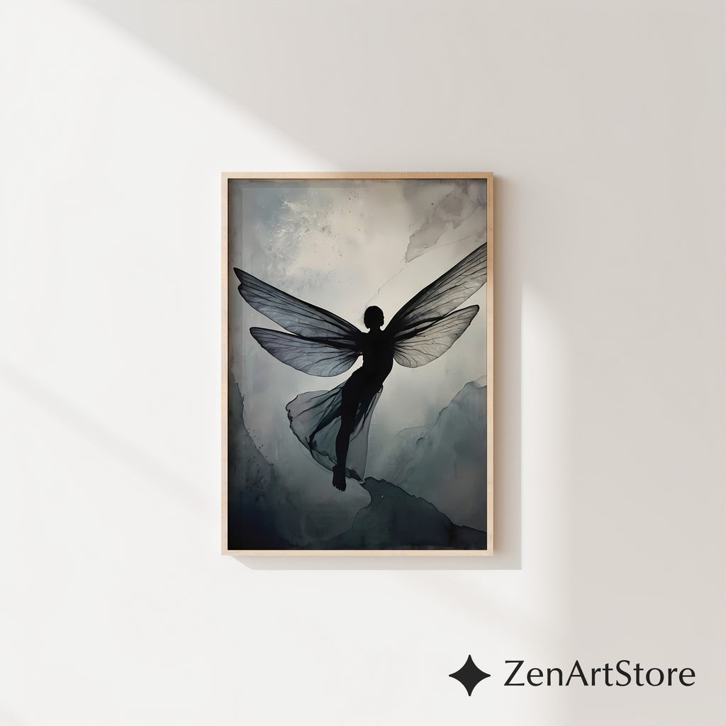 Ethereal Fairy Silhouette Wall Art - Minimal Neutral Wings Print for Japandi Wabi-Sabi Scandinavian Decor