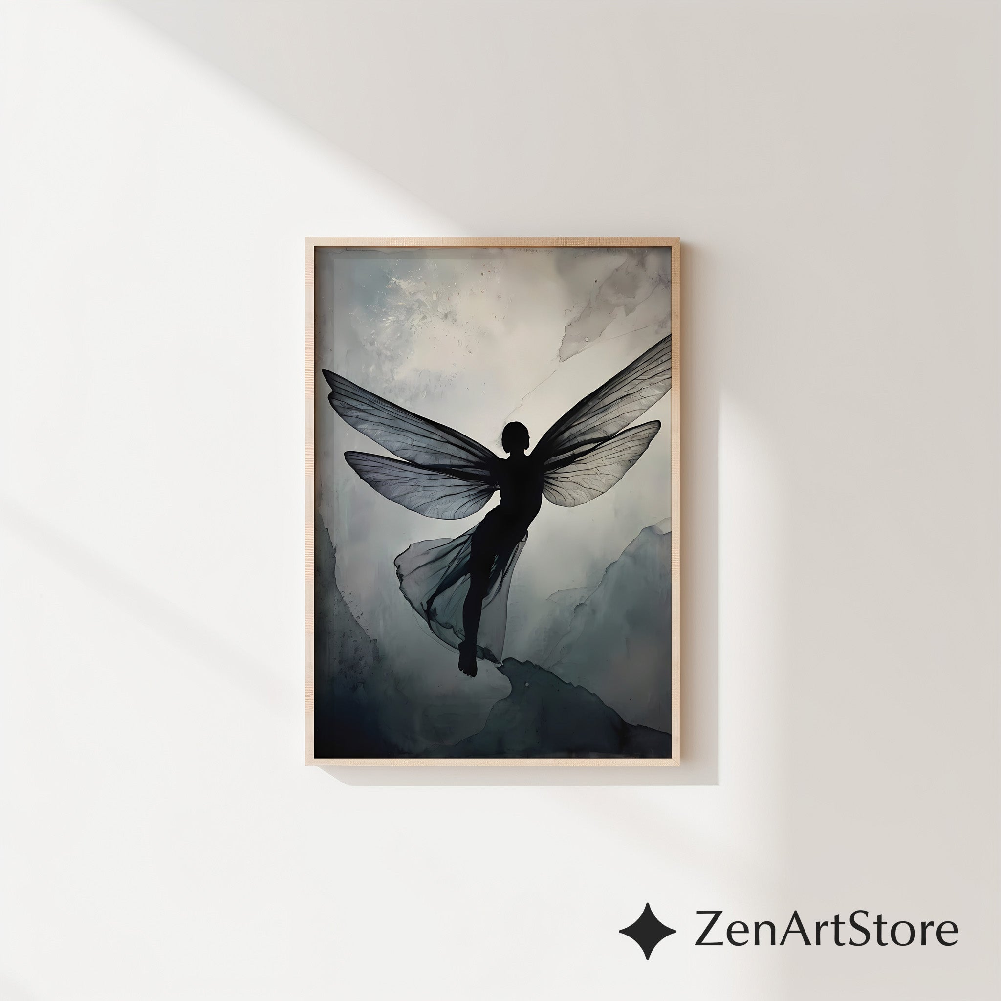 Ethereal Fairy Silhouette Wall Art - Minimal Neutral Wings Print for Japandi Wabi-Sabi Scandinavian Decor