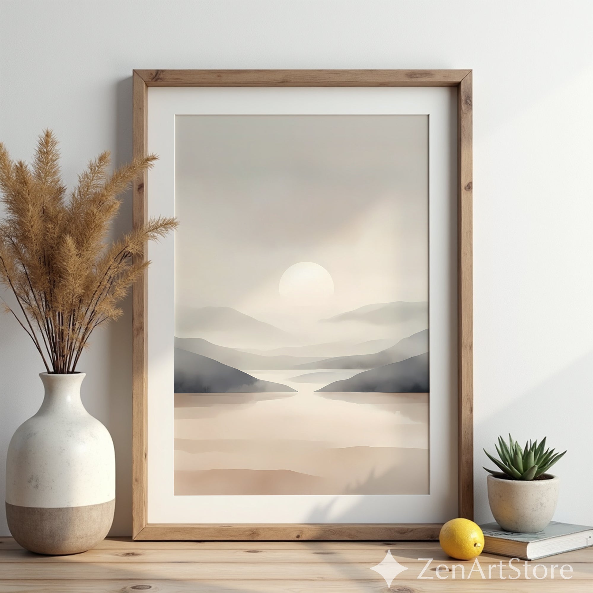 Minimal Neutral Landscape Wall Art | Calm Beige Sunrise Abstract Print for Living Room, Bedroom, Japandi, Scandinavian Home Decor