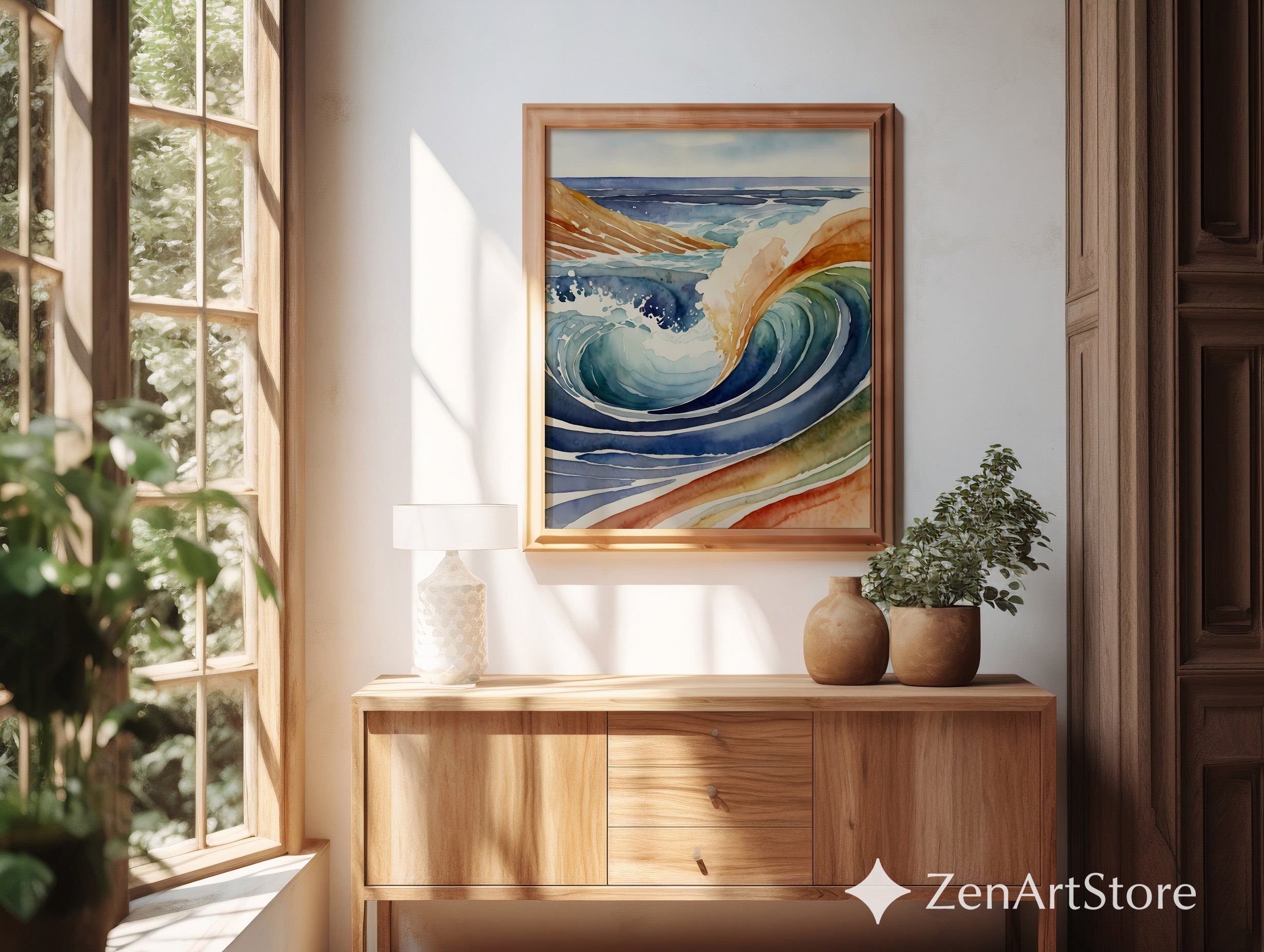 Abstract Watercolor Wave Art - Modern Coastal Ocean Print, Japandi Wabi Sabi Wall Decor in Blue, Teal & Earth Tones