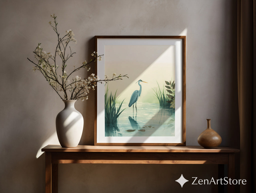 Calm Heron Wetland Wall Art - Minimal Botanical Bird Print for Japandi & Scandinavian Neutral Home Decor