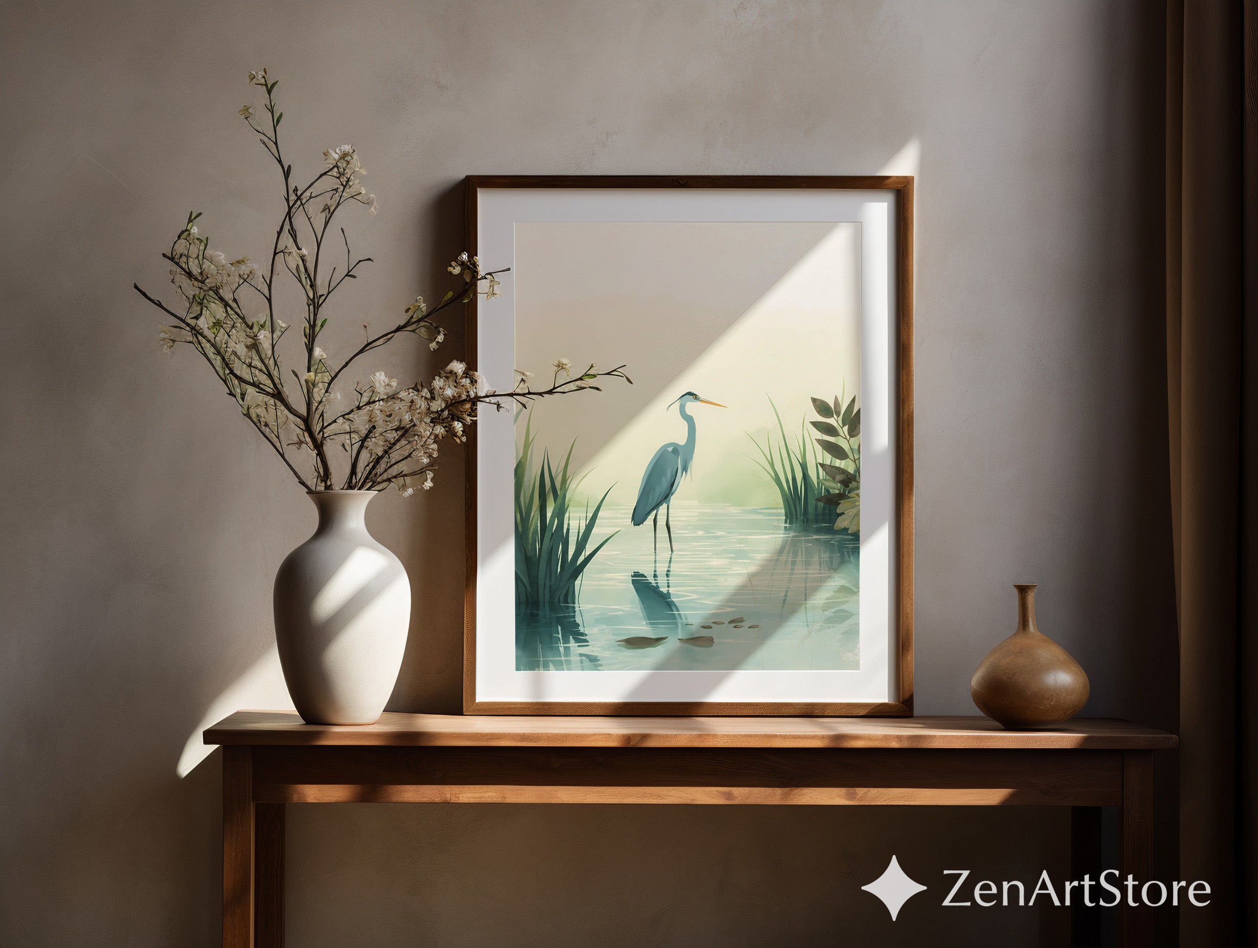 Calm Heron Wetland Wall Art - Minimal Botanical Bird Print for Japandi & Scandinavian Neutral Home Decor
