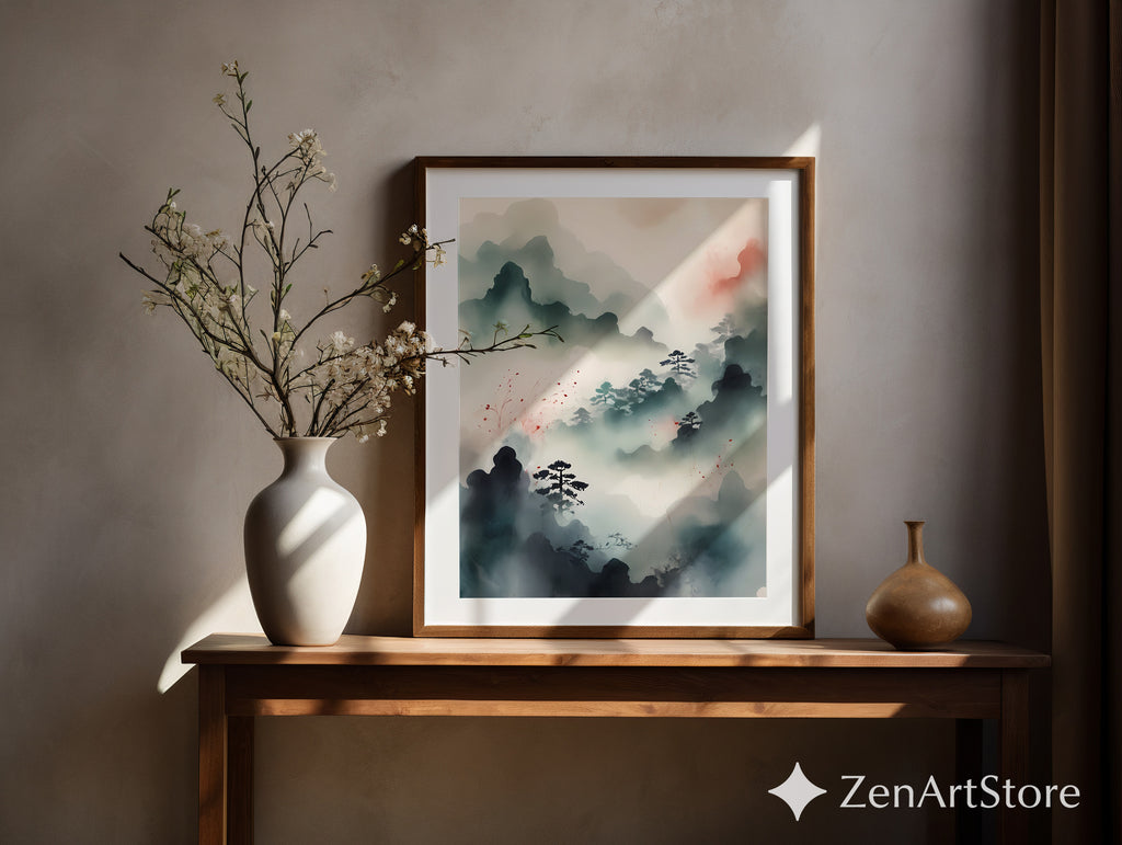 Misty Mountain Zen Landscape Print - Japandi Minimal Ink Wash Wall Art, Neutral Calm Pine Trees