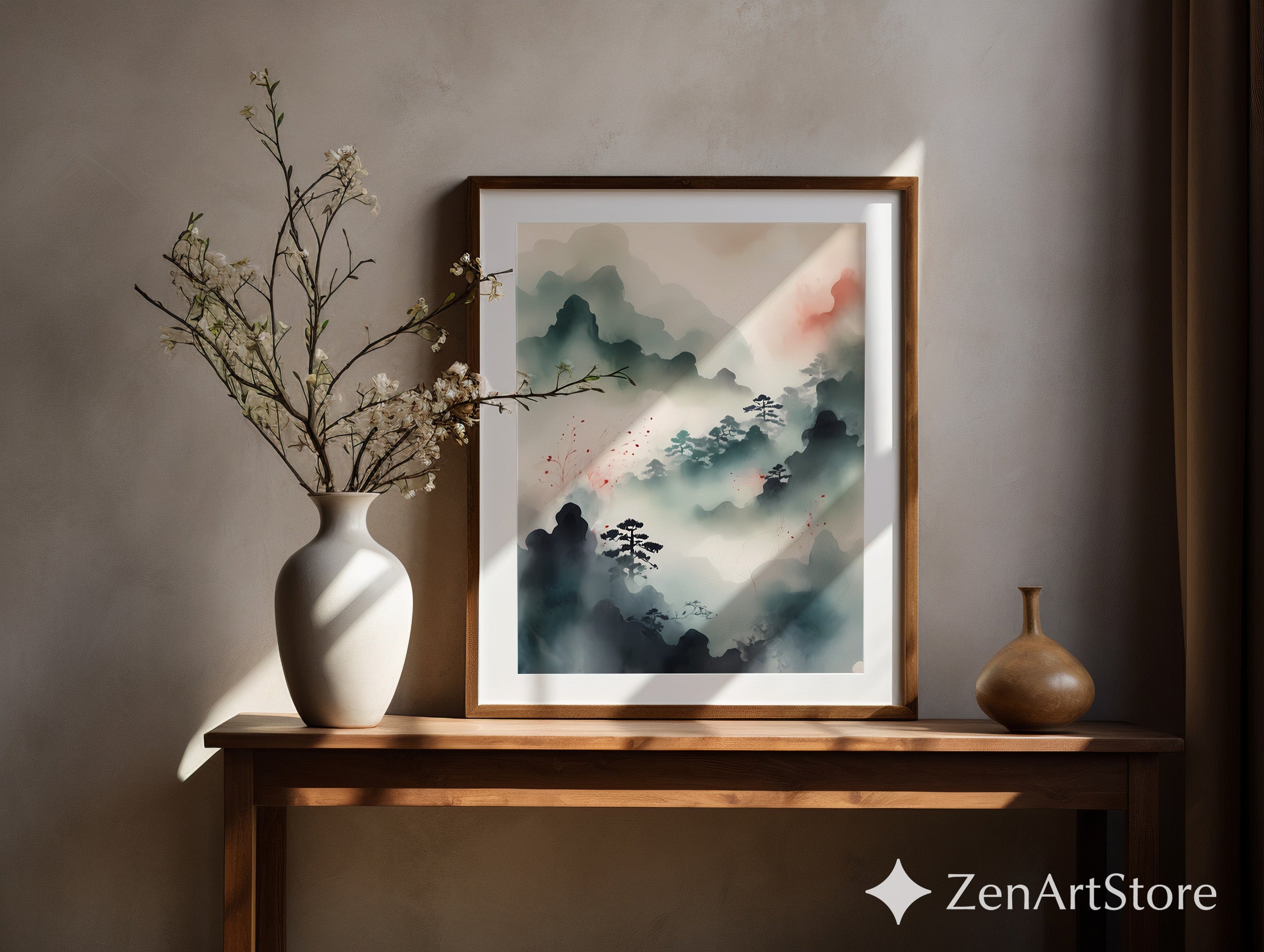 Misty Mountain Zen Landscape Print - Japandi Minimal Ink Wash Wall Art, Neutral Calm Pine Trees