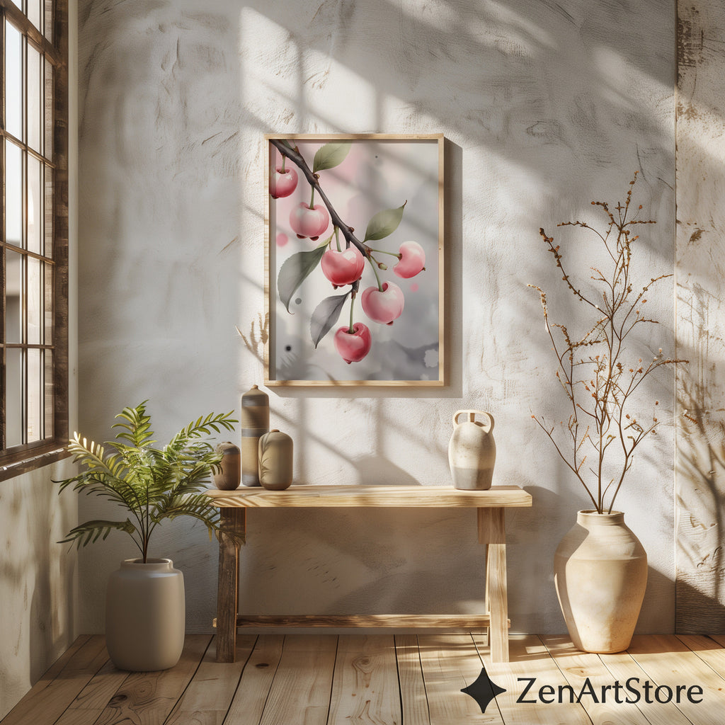 Pink Cherry Art Print Minimal Botanical Wall Art Pastel Fruit Poster for Kitchen Nursery Japandi Scandinavian Home Decor