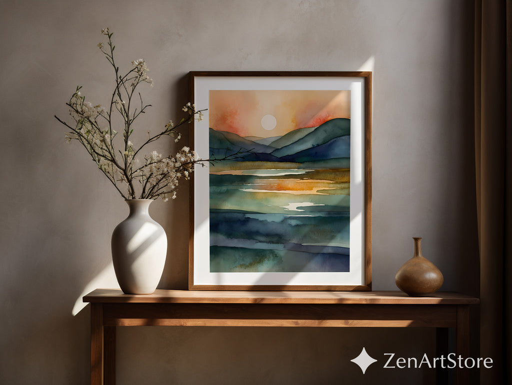 Serene Watercolor Landscape Print - Sunlit Mountains & Lake, Abstract Japandi Wall Art in Teal Blue & Warm Beige