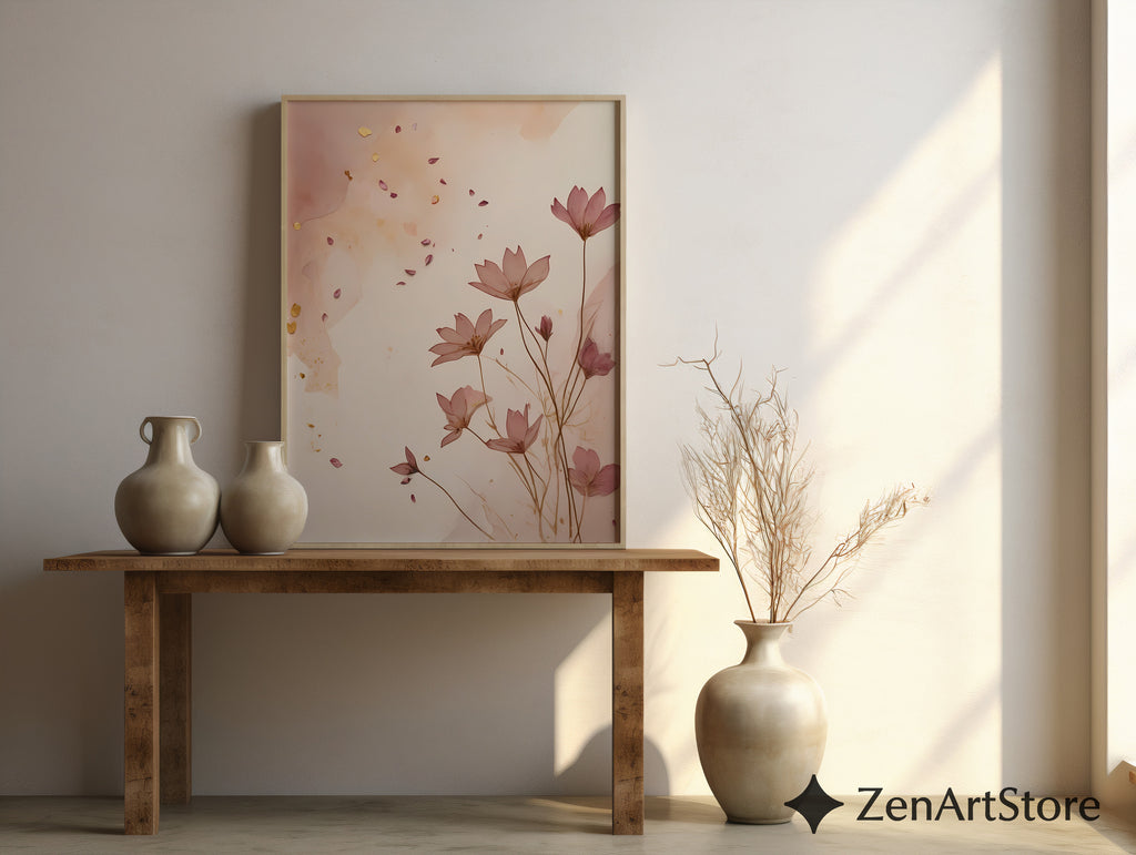 Blush Floral Wall Art Print - Minimal Botanical Line Art, Neutral Japandi Home Decor, Pink Beige Abstract Flower Poster