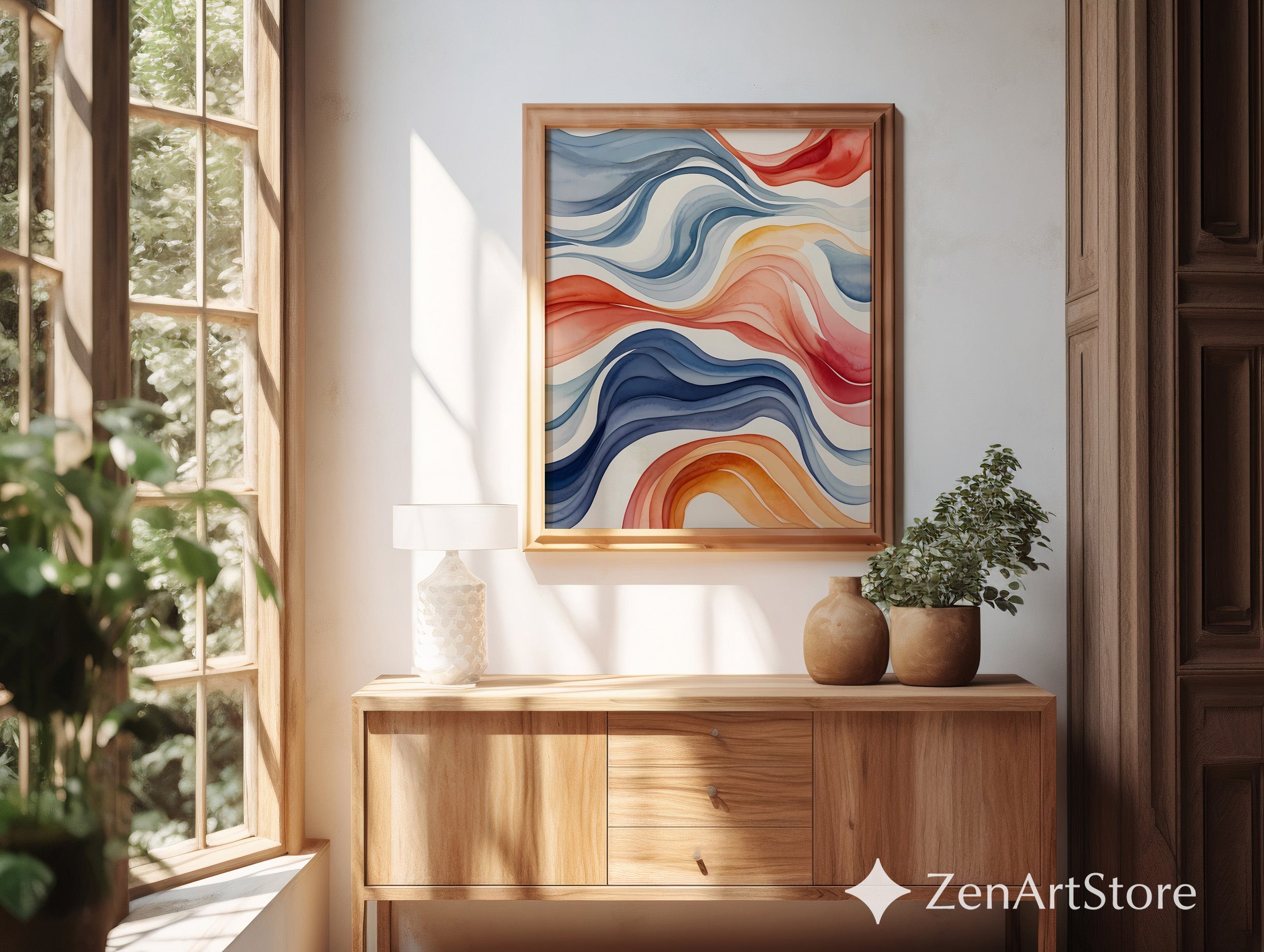Abstract Wave Watercolor Print - Blue Coral Orange Modern Wall Art for Living Room, Minimal Home Decor