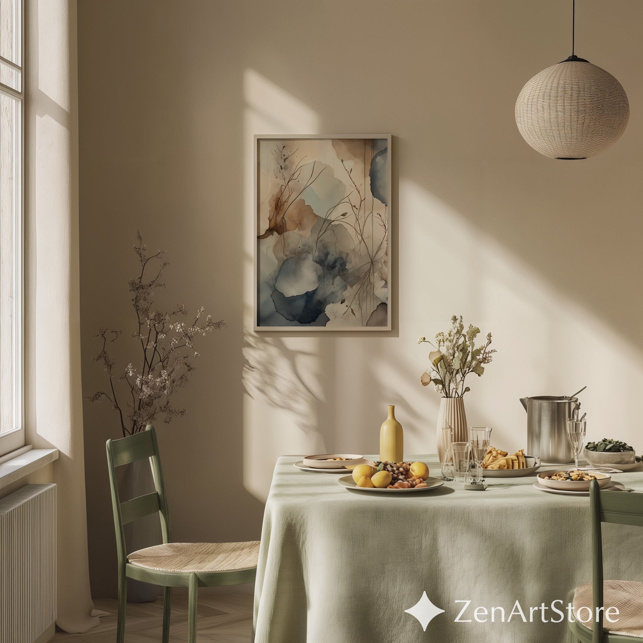 Abstract Botanical Wall Art Neutral Watercolor Print - Beige Blue Minimal Japandi Floral Canvas for Living Room