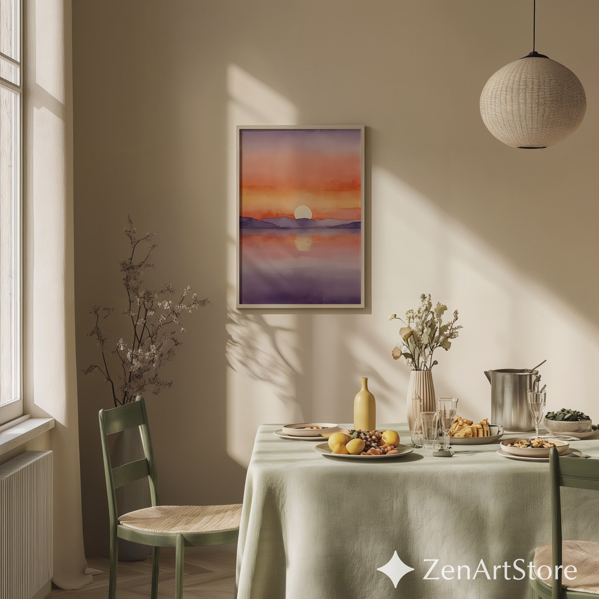 Sunset Watercolor Landscape Print - Minimal Sunrise Art for Japandi & Scandinavian Calming Wall Decor