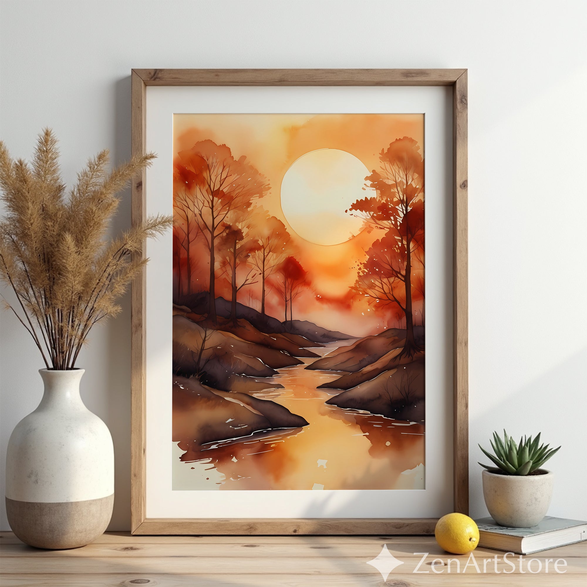 Autumn Watercolor Landscape Print - Orange Sunset River Wall Art, Minimal Boho Japandi Home Decor