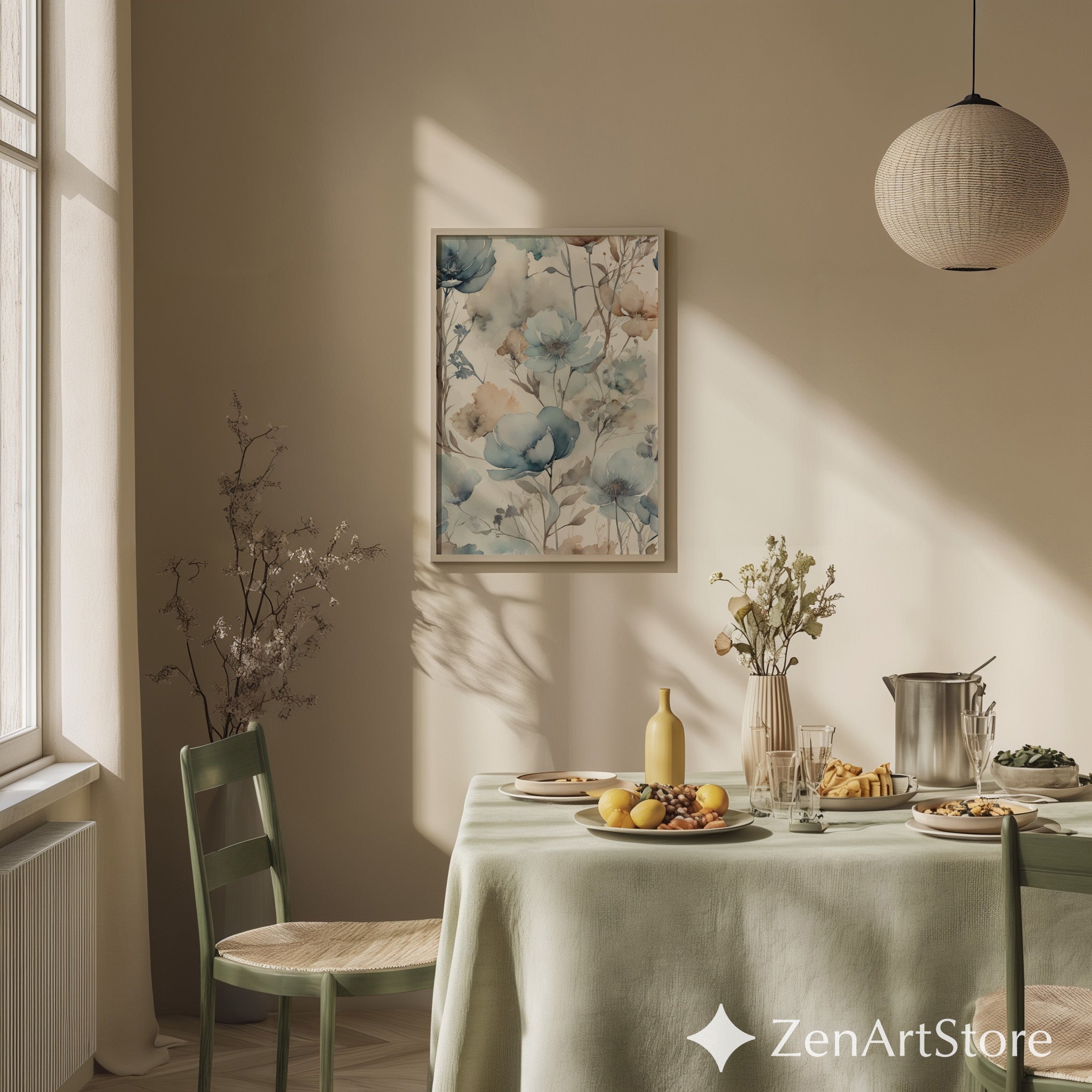 Soft Blue Watercolor Floral Wallpaper Mural - Neutral Botanical Wall Art, Modern Japandi Beige & Blue Floral Print