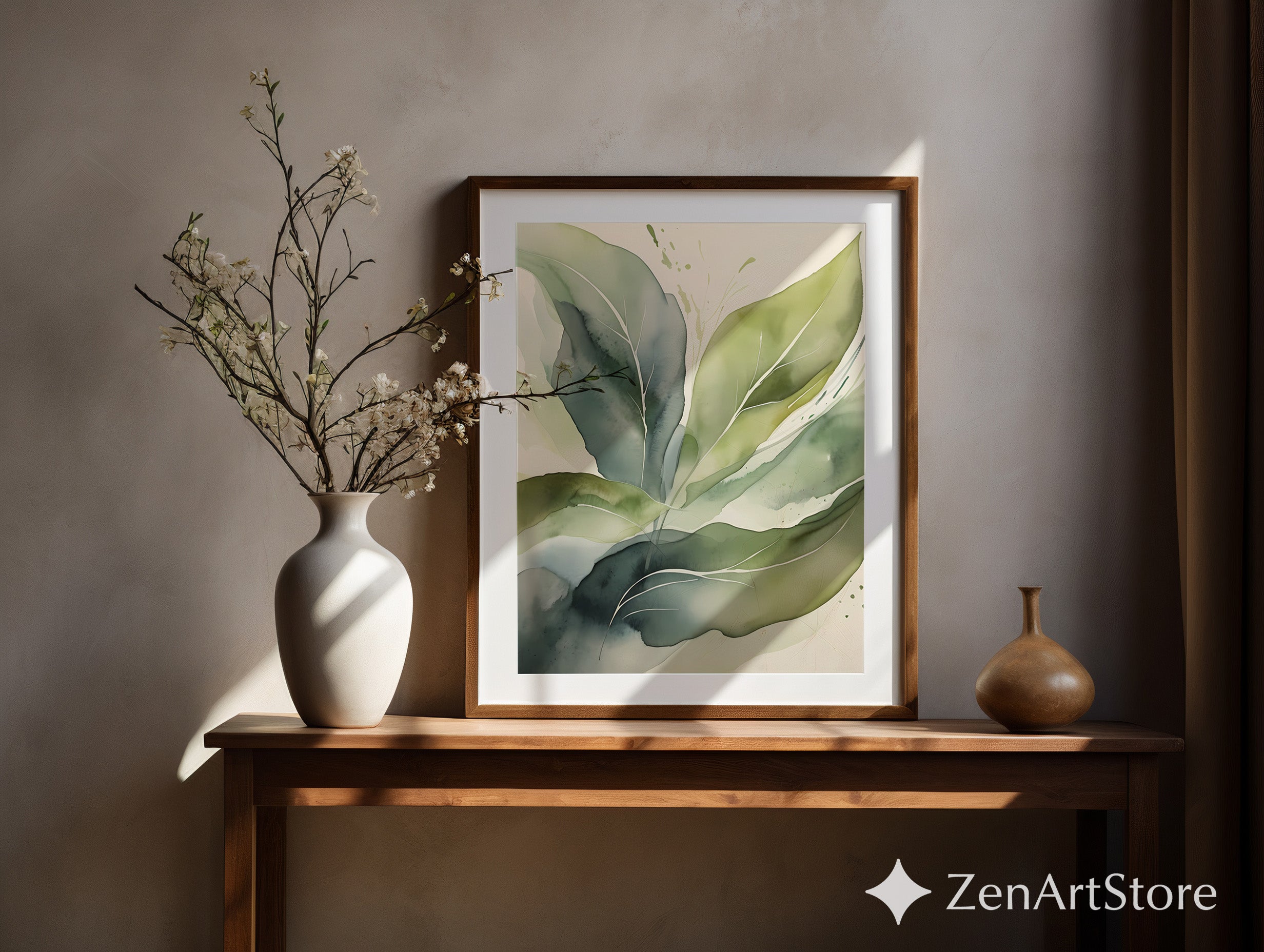 Calm Green Botanical Art Print - Watercolor Leaves Wall Art, Minimal Japandi Scandinavian Home Decor, Neutral Sage Olive Printable