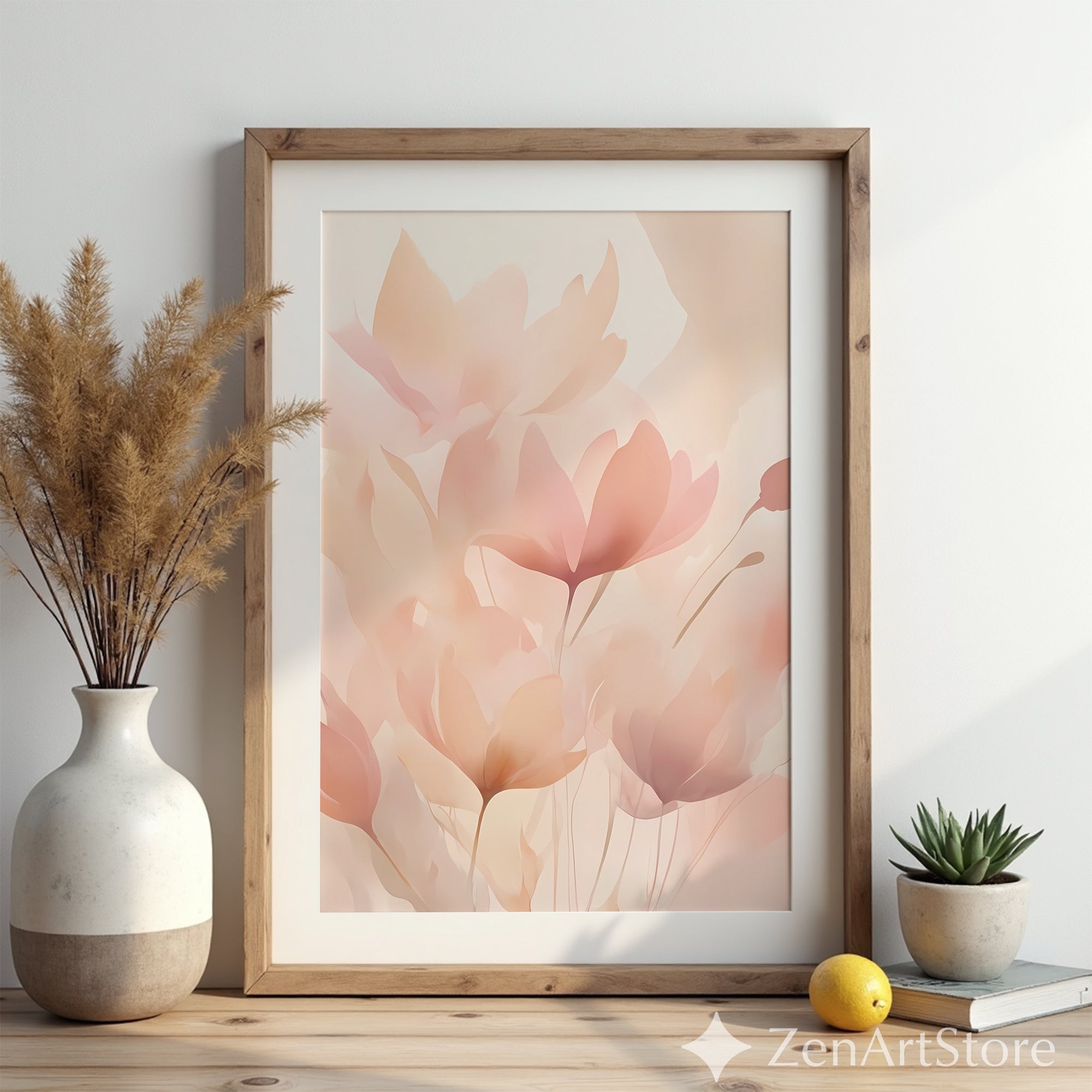 Blush Botanical Wall Art - Soft Pink Floral Abstract Print for Living Room Bedroom Nursery - Minimal Japandi Neutral Home Decor