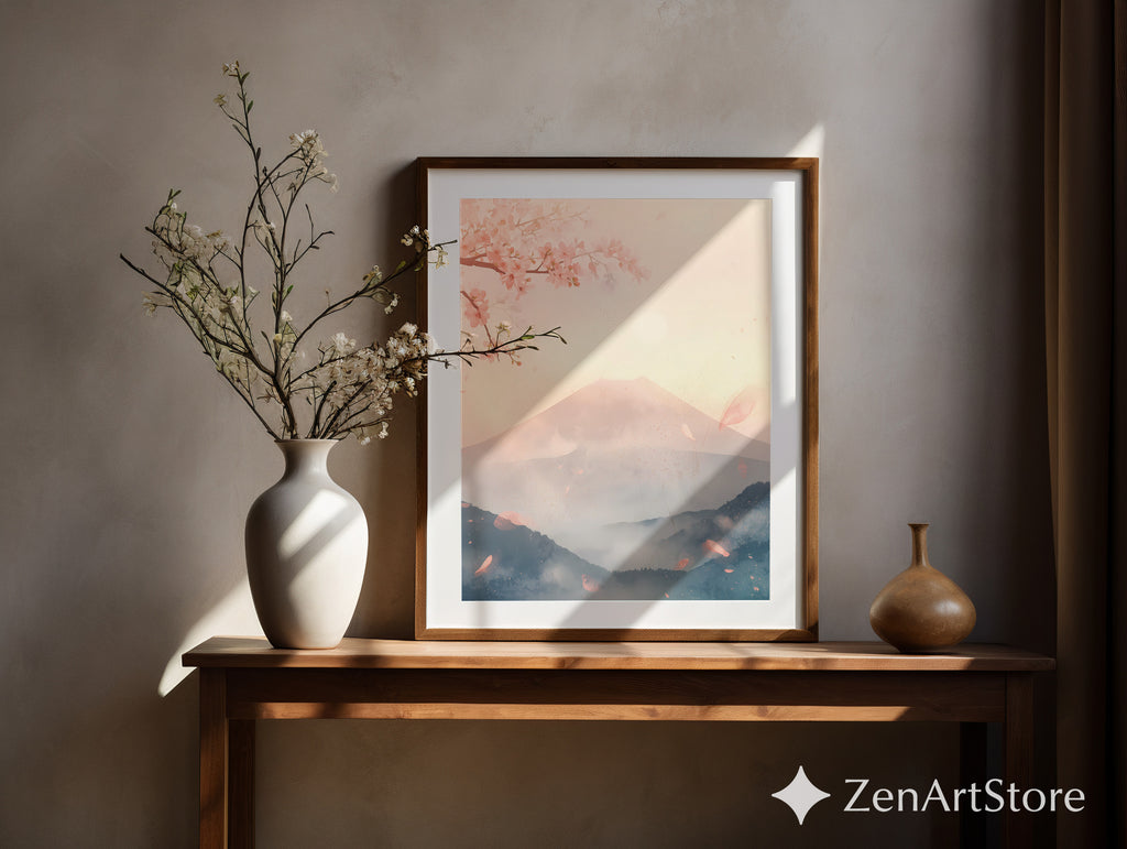 Sakura Mist Pastel Japanese Mountain Wall Art - Cherry Blossom Zen Print for Living Room, Japandi Minimal Home Decor