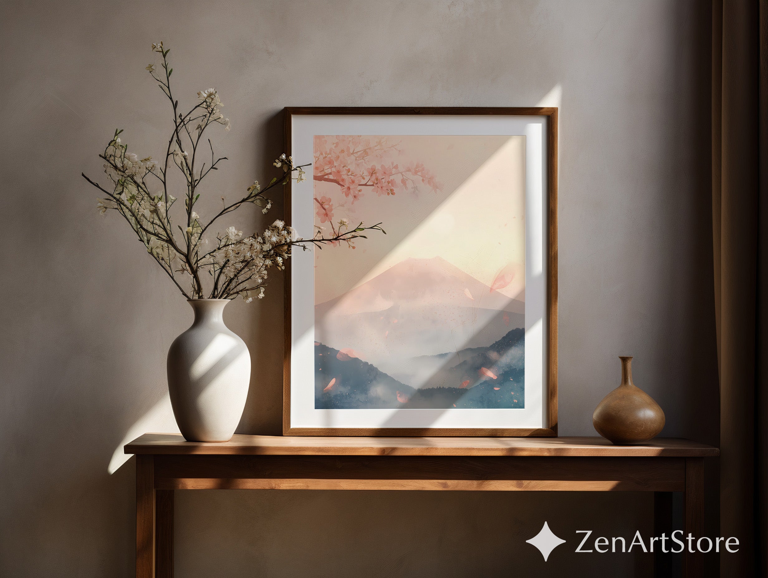 Sakura Mist Pastel Japanese Mountain Wall Art - Cherry Blossom Zen Print for Living Room, Japandi Minimal Home Decor