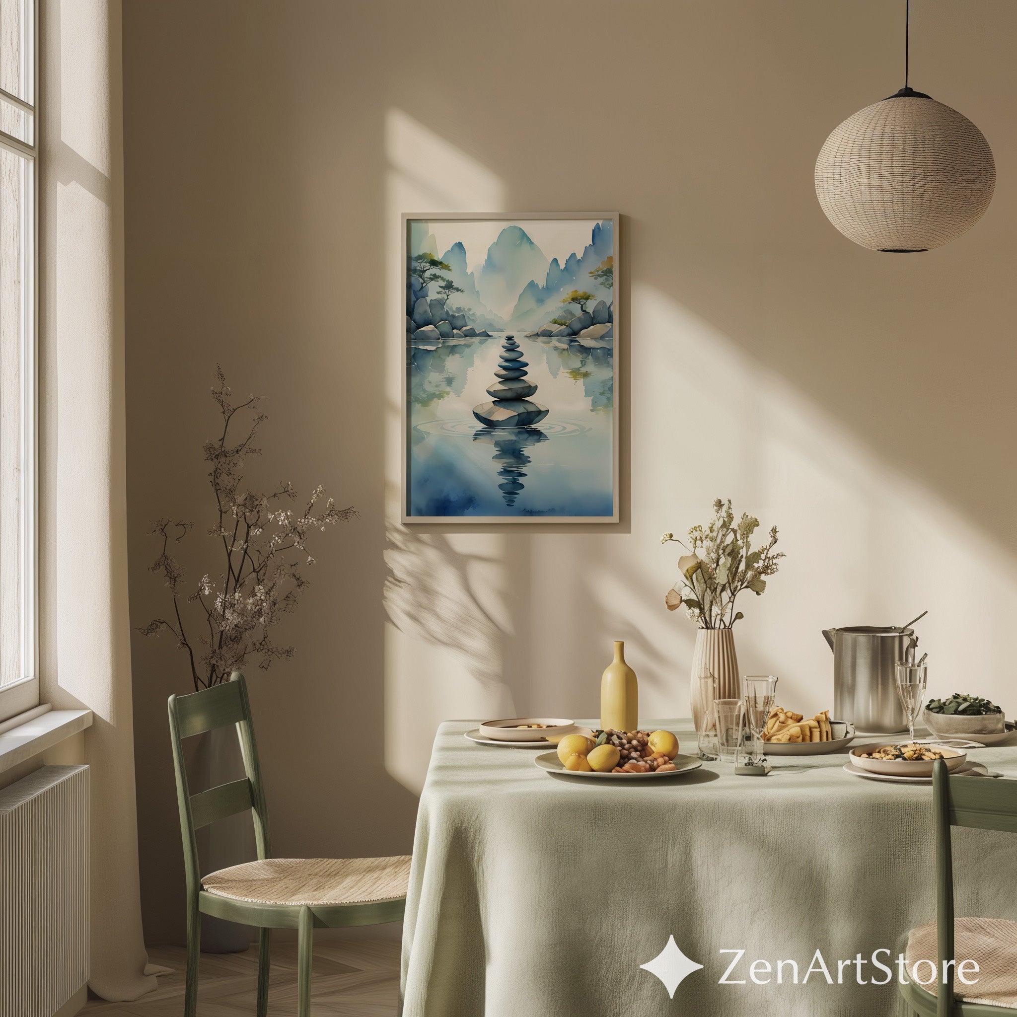 Zen Stone Stack Watercolor Print - Minimal Japandi Landscape Wall Art for Living Room, Bedroom & Meditation Space