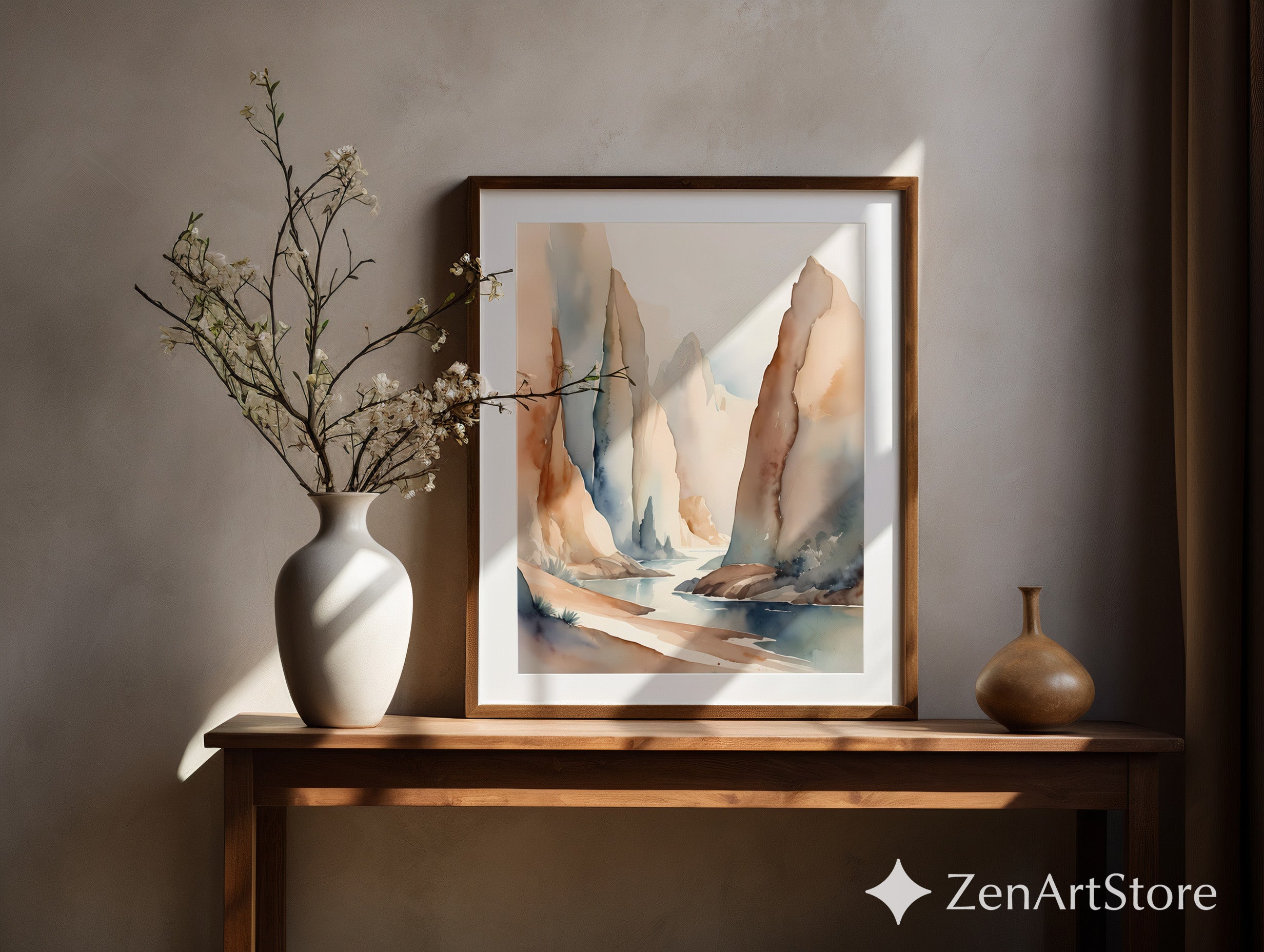Neutral Watercolor Mountain Landscape Print Calm Zen Abstract River Art for Japandi Scandinavian Minimal Home Decor