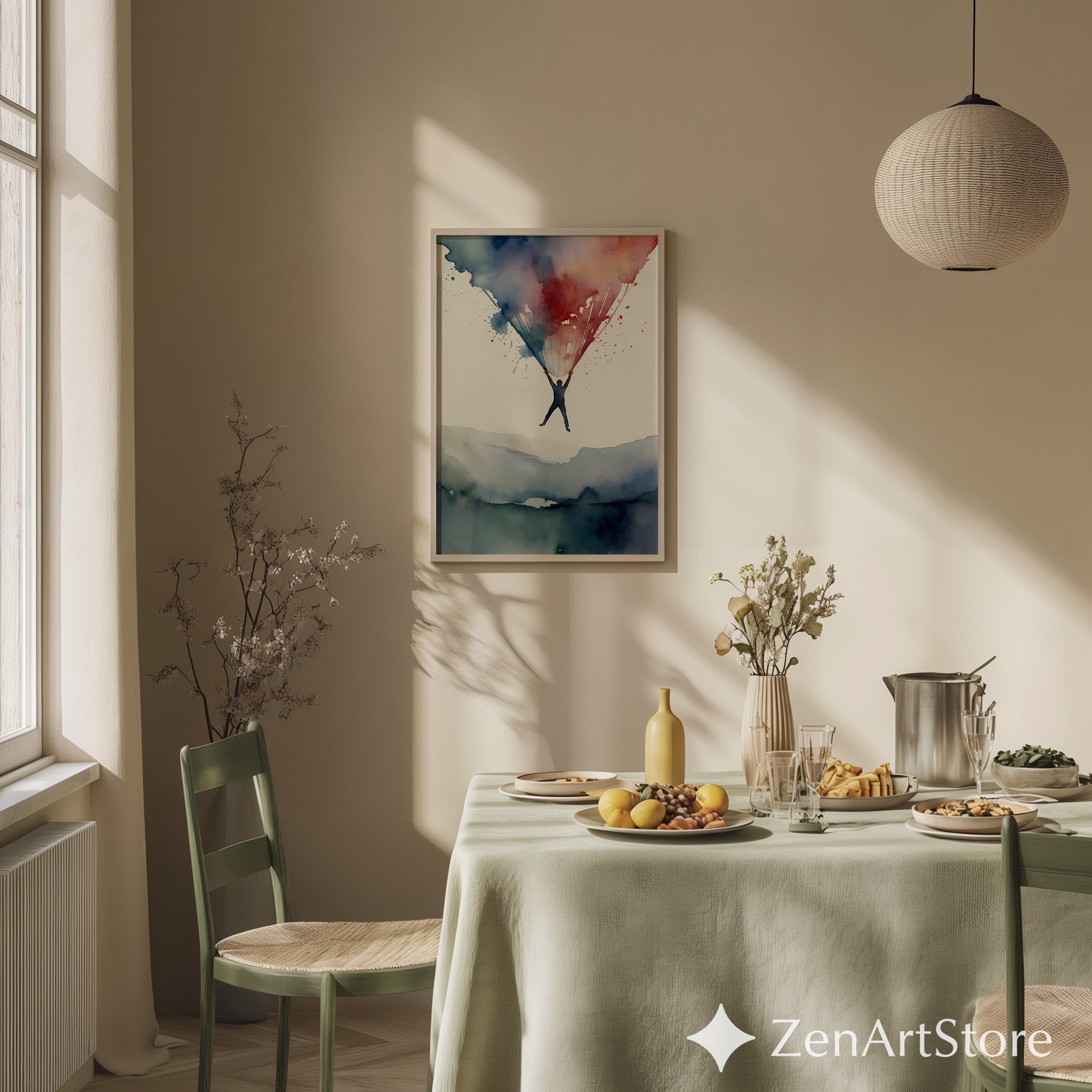 Abstract Watercolor Print - Suspended Figure with Blue & Red Splash, Minimal Modern Wall Art for Living Room Zen Decor