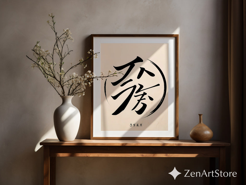 Minimalist Asian Calligraphy Wall Art - Zen Black Brush Stroke on Soft Beige - Japandi Wabi Sabi Modern Poster