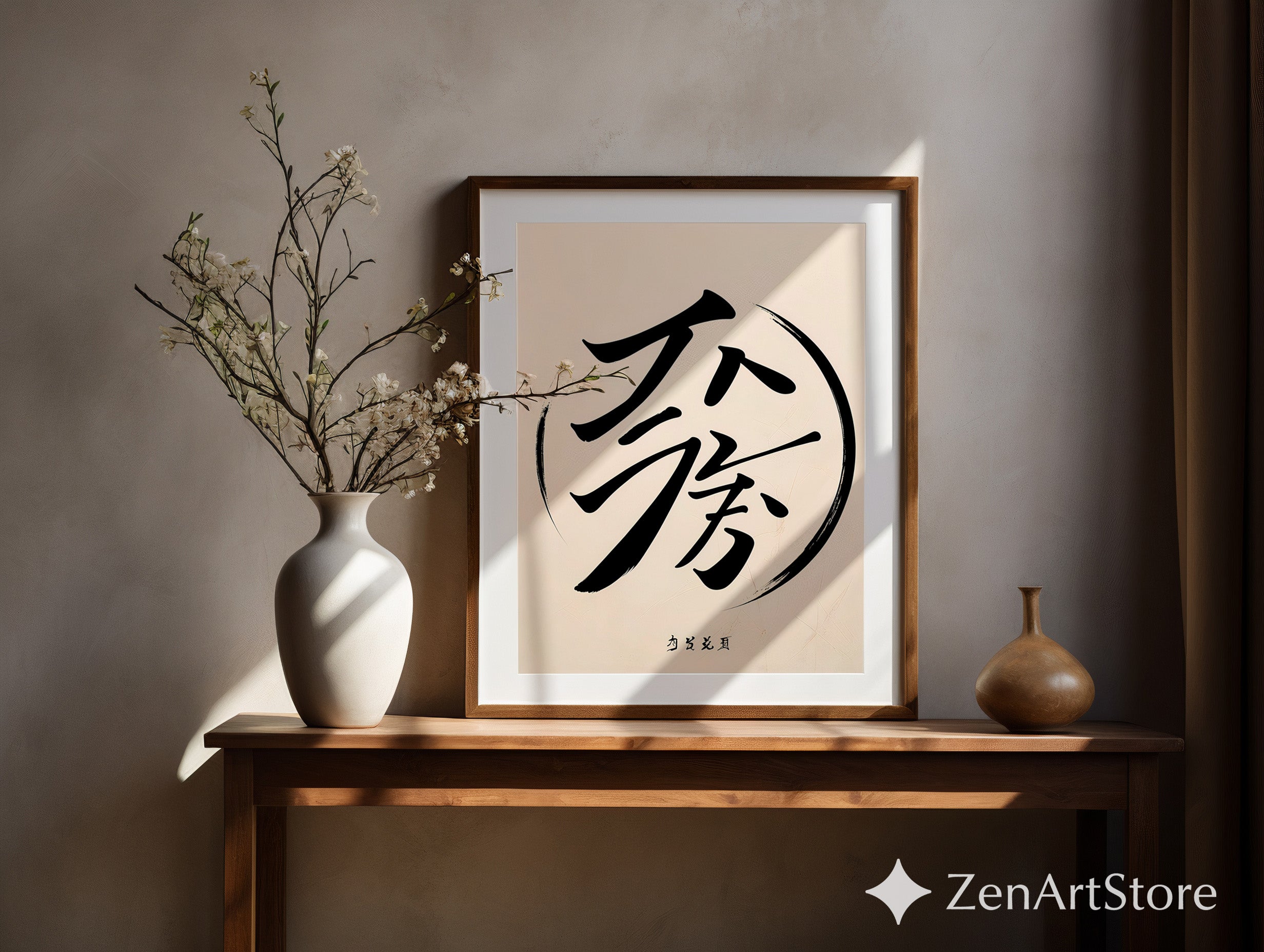 Minimalist Asian Calligraphy Wall Art - Zen Black Brush Stroke on Soft Beige - Japandi Wabi Sabi Modern Poster