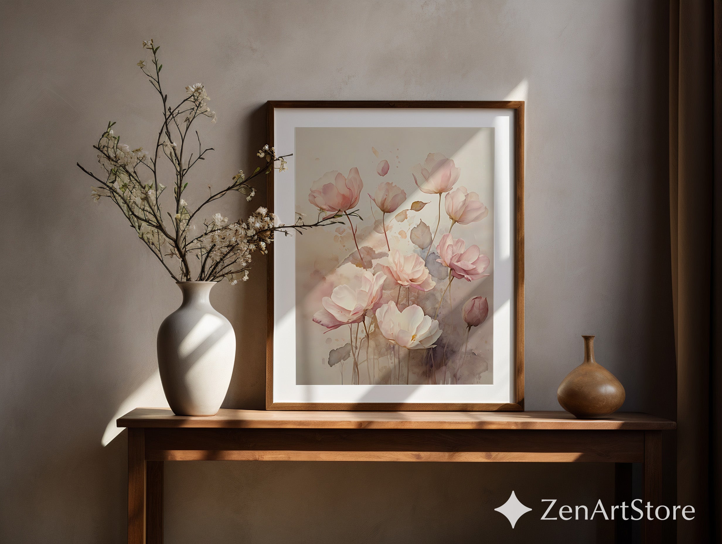 Blush Pink Floral Wall Art Print - Soft Watercolor Flowers Neutral Botanical Decor for Bedroom Living Room, Modern Japandi Minimal