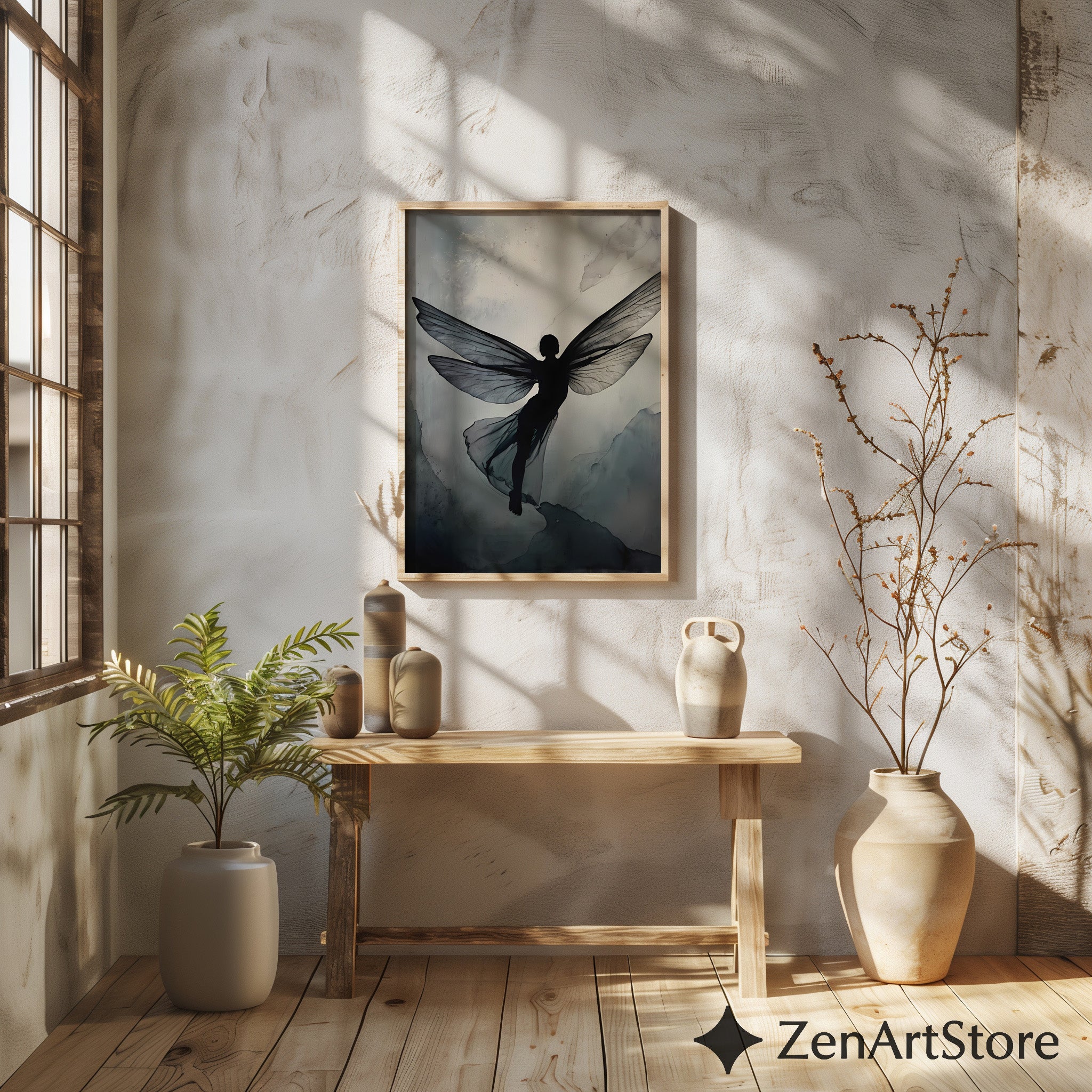 Ethereal Fairy Silhouette Wall Art - Minimal Neutral Wings Print for Japandi Wabi-Sabi Scandinavian Decor