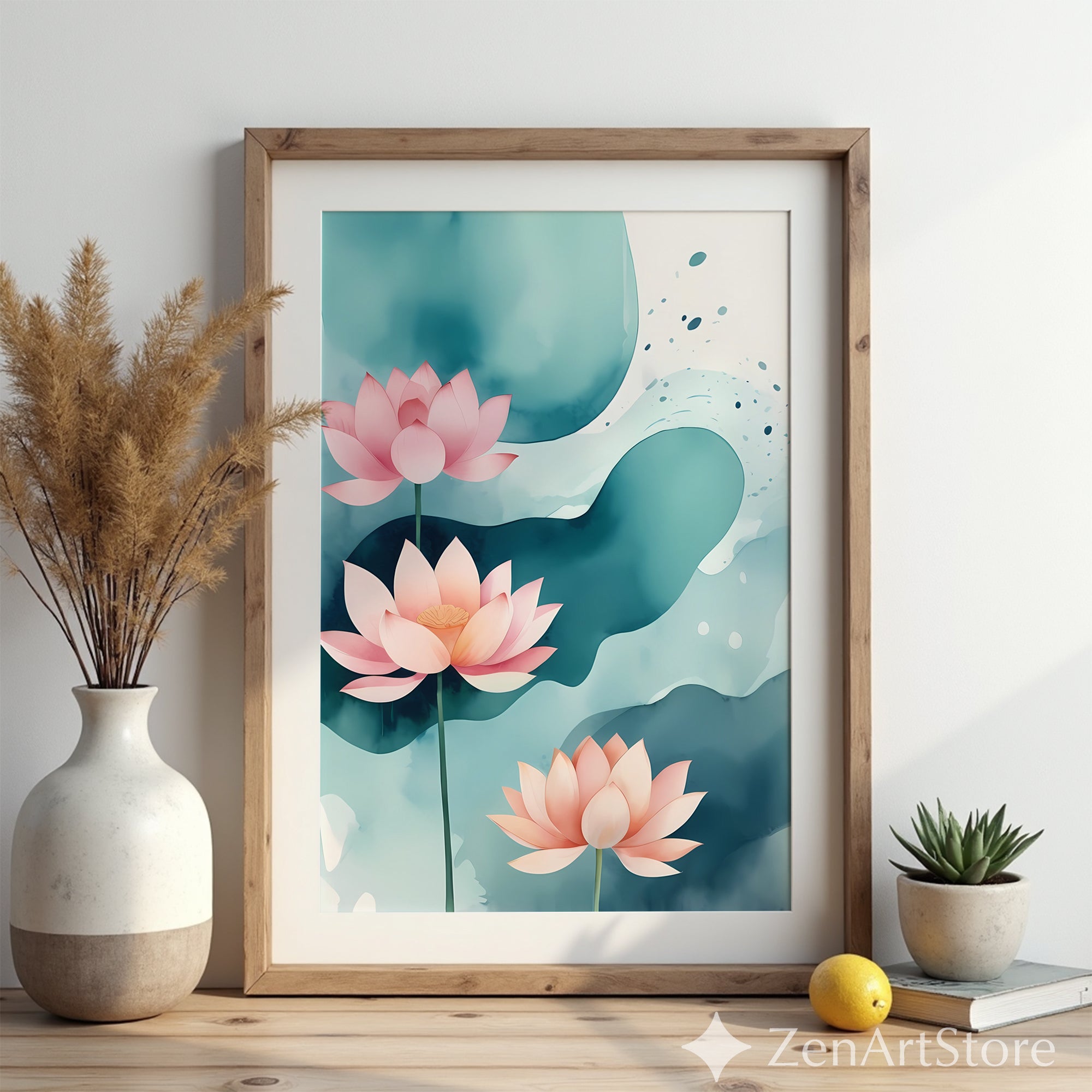 Serene Pink Lotus Watercolor Wall Art - Zen Botanical Print for Living Room, Japandi Minimal Home Decor, Spa Canvas or Printable