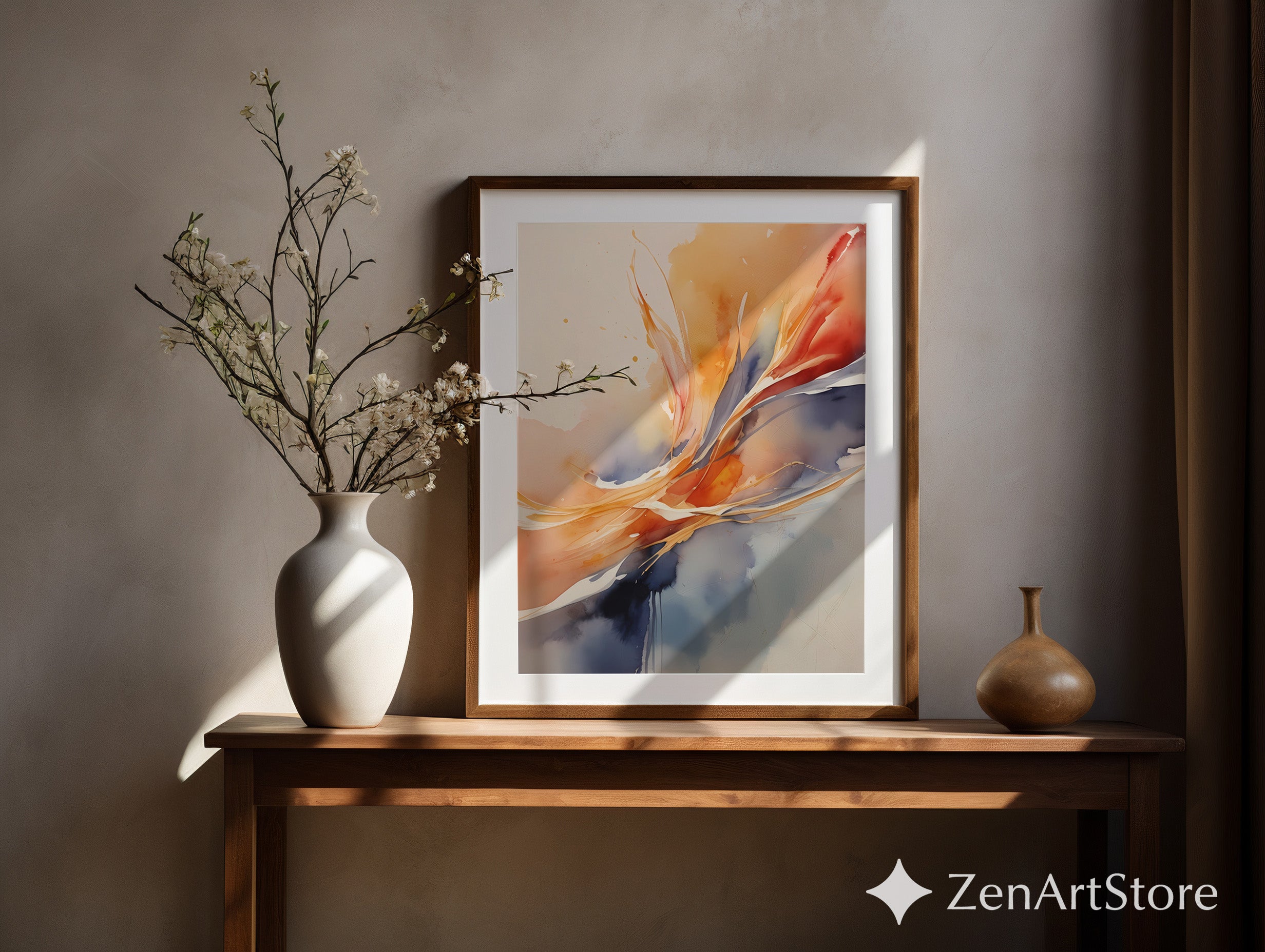 Warm Abstract Watercolor Wall Art - Orange Navy Minimalist Print for Living Room, Japandi Neutral Modern Home Decor