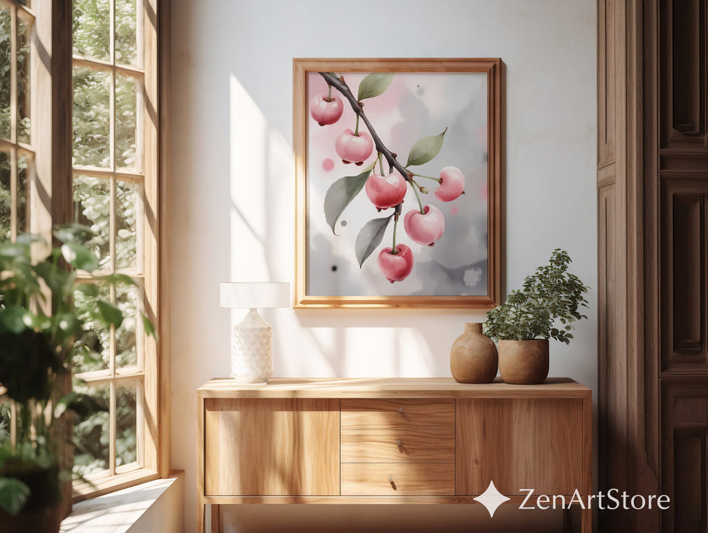 Pink Cherry Art Print Minimal Botanical Wall Art Pastel Fruit Poster for Kitchen Nursery Japandi Scandinavian Home Decor