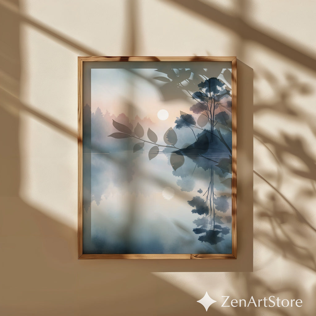 Misty Lake Sunrise Minimal Landscape Print - Calm Japandi Wall Art, Neutral Scandinavian Reflection
