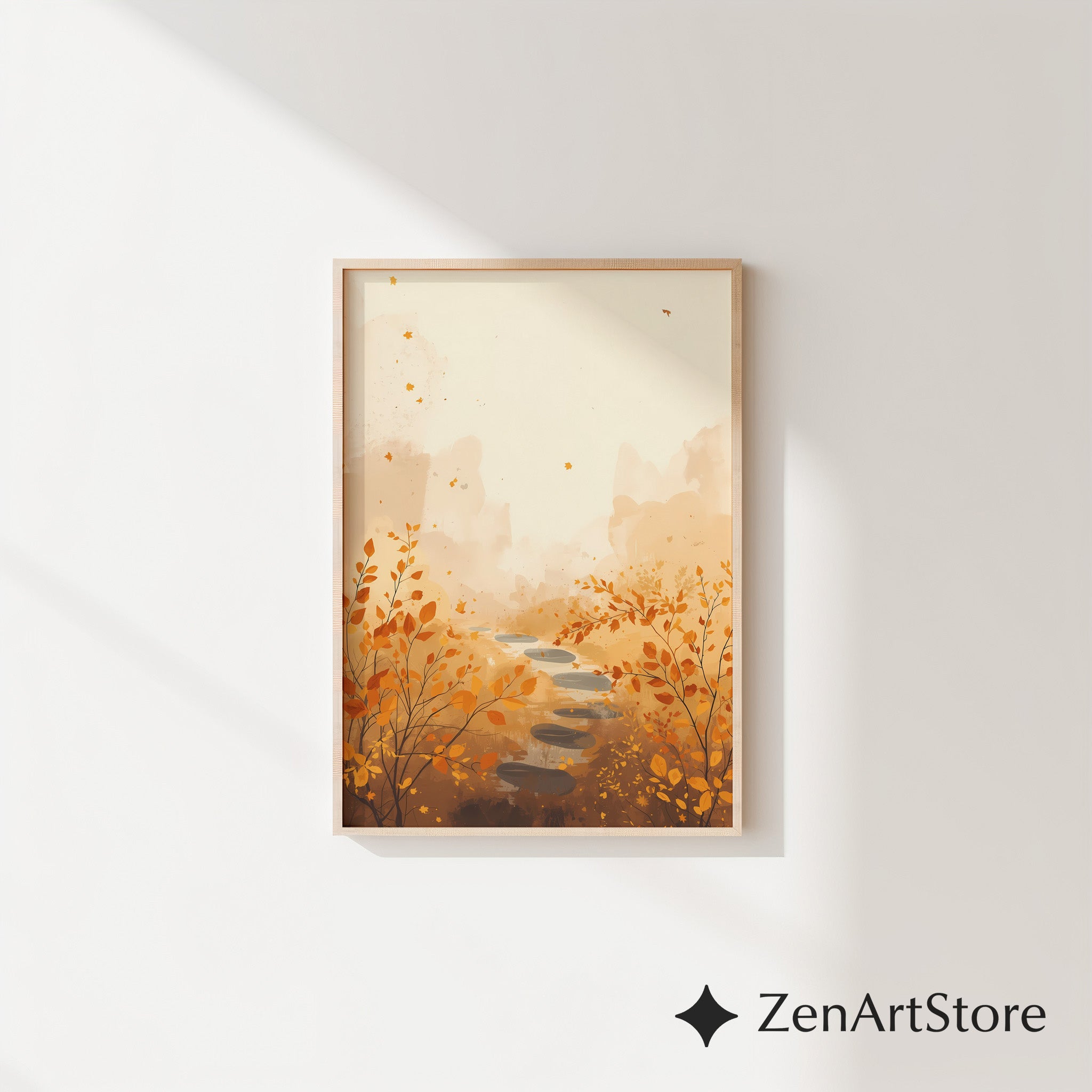 Autumn Path Wall Art - Minimal Fall Landscape Print, Japandi Beige Orange Botanical Home Decor