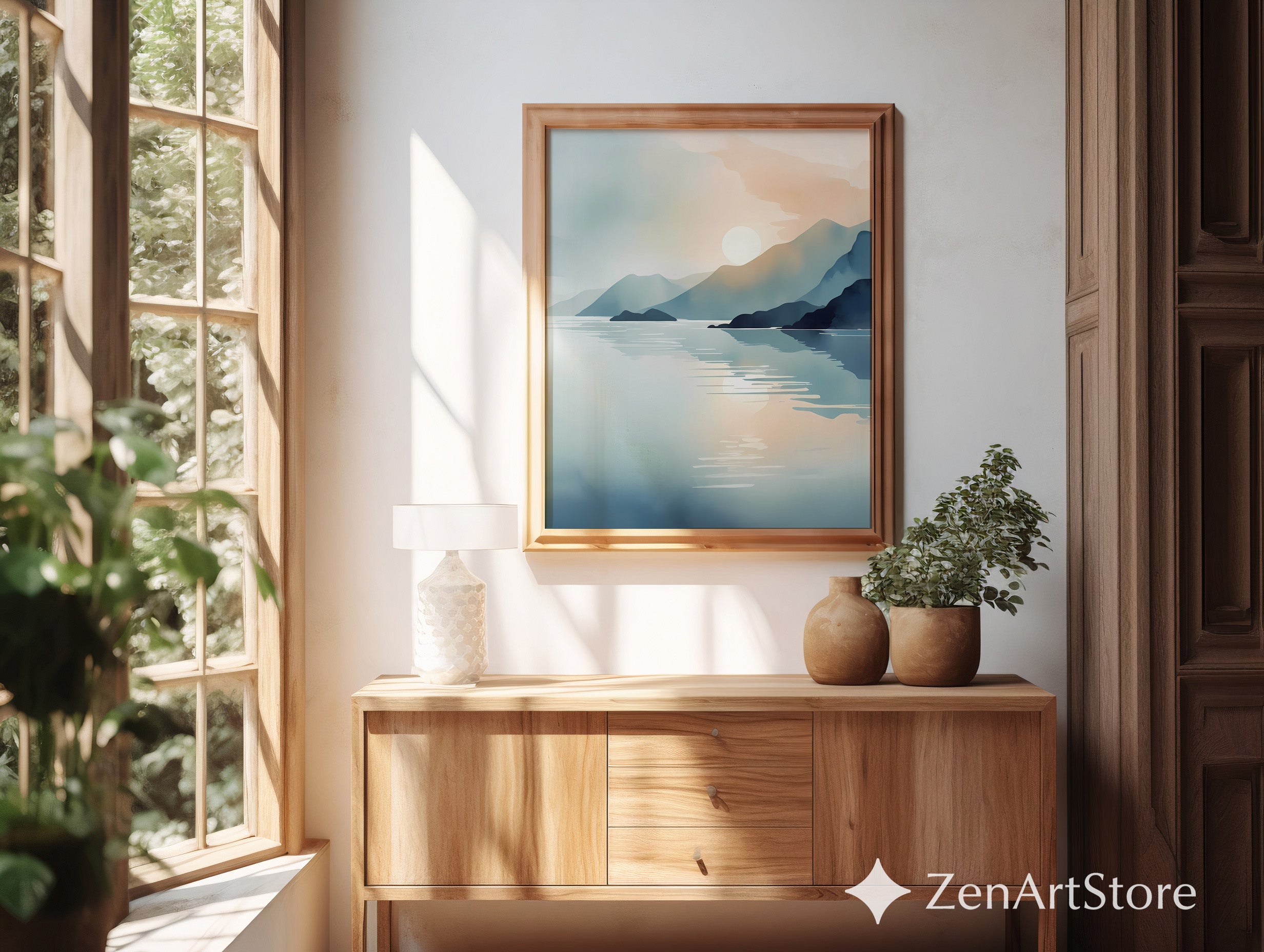 Minimalist Mountain Lake Sunrise Wall Art - Calming Japandi Landscape Print in Neutral Blue & Beige