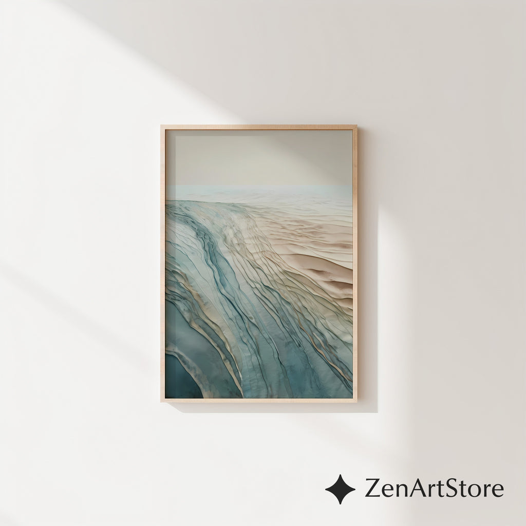 Abstract Coastal Landscape Wall Art - Neutral Blue Beige Minimal Print for Living Room, Japandi Wabi Sabi Decor