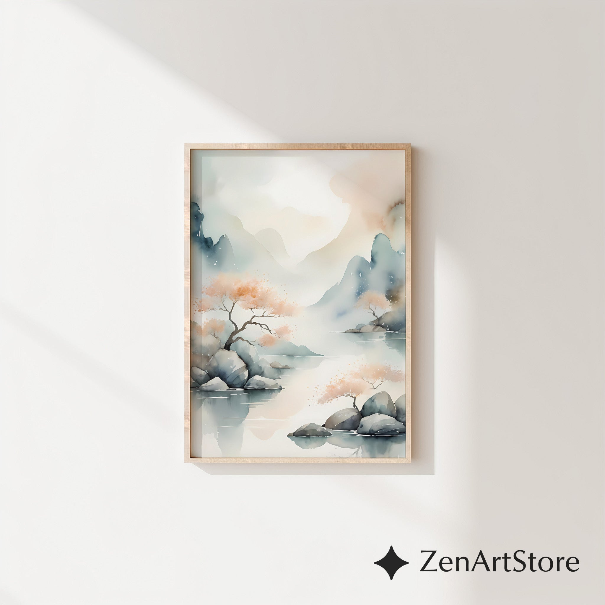 Serene Watercolor Landscape Print - Zen Japandi Wall Art, Minimal Mountain & Peach Tree Illustration for Living Room, Bedroom, Nursery