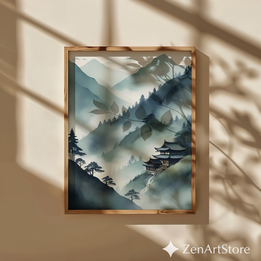 Misty Mountain Temple Wall Art - Zen Japandi Japanese Landscape Print - Minimal Wabi Sabi Home Decor