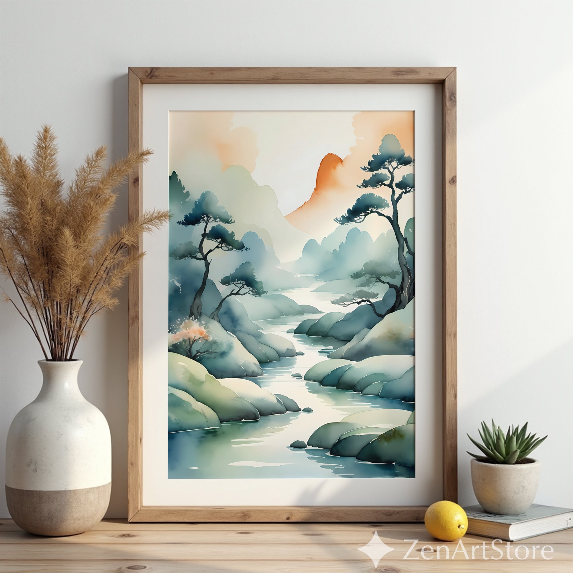 Serene Watercolor Japanese Landscape Print - Zen Japandi Minimalist Mountain River Wall Art
