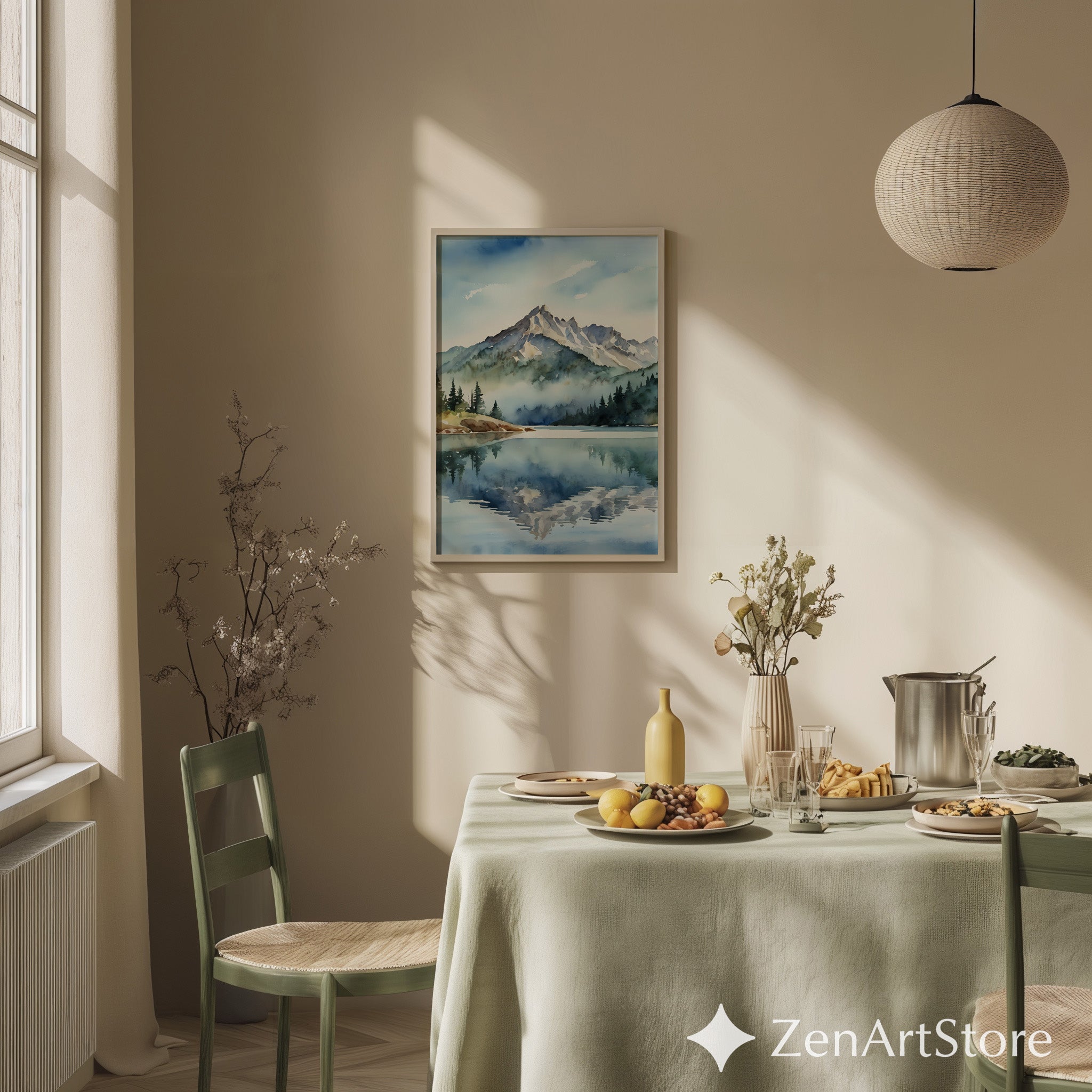 Mountain Watercolor Print Lake Reflection Wall Art - Calm Japandi Scandinavian Landscape for Living Room & Bedroom